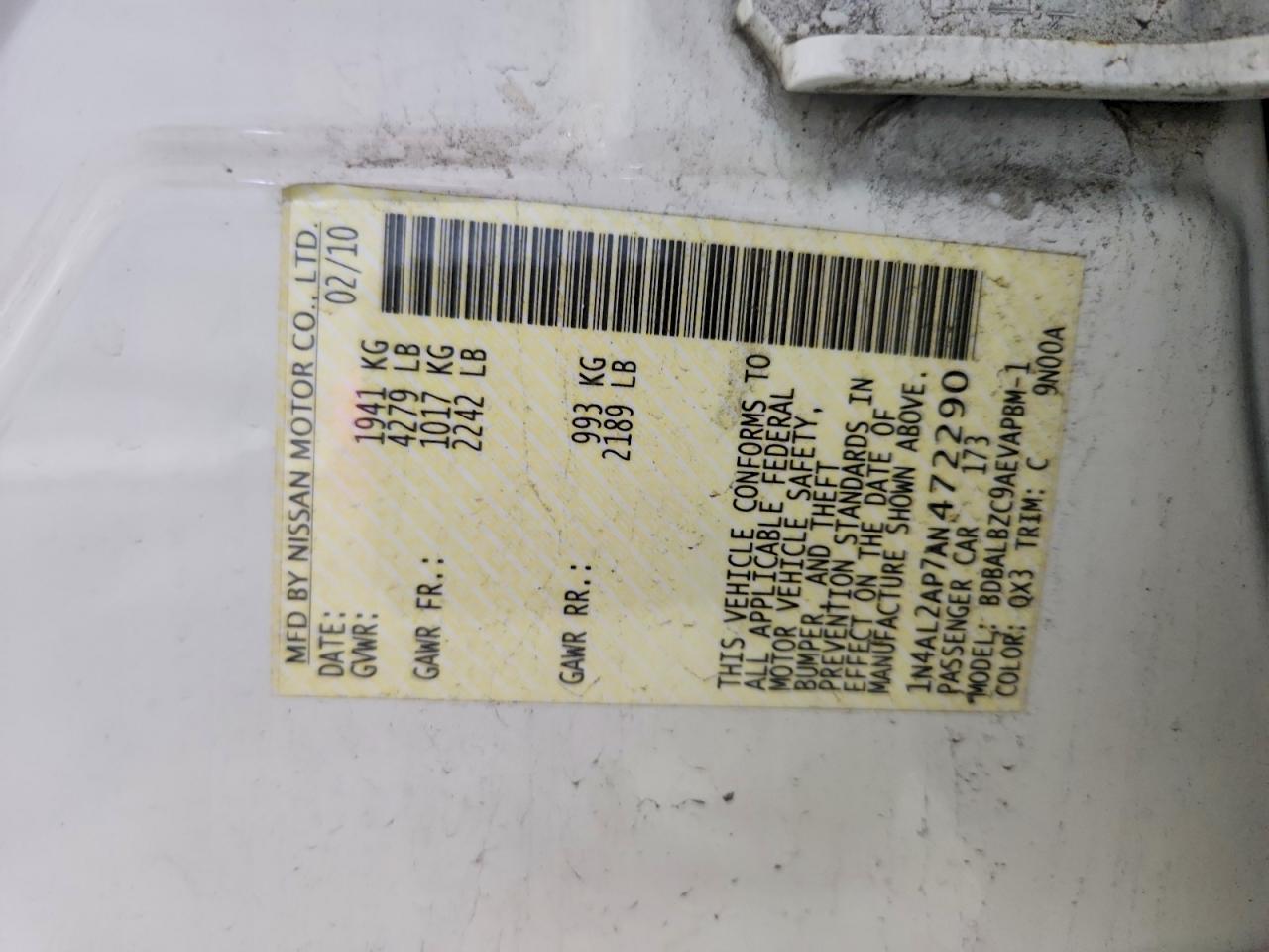 2010 Nissan Altima 2.5 White vin: 1N4AL2AP7AN472290