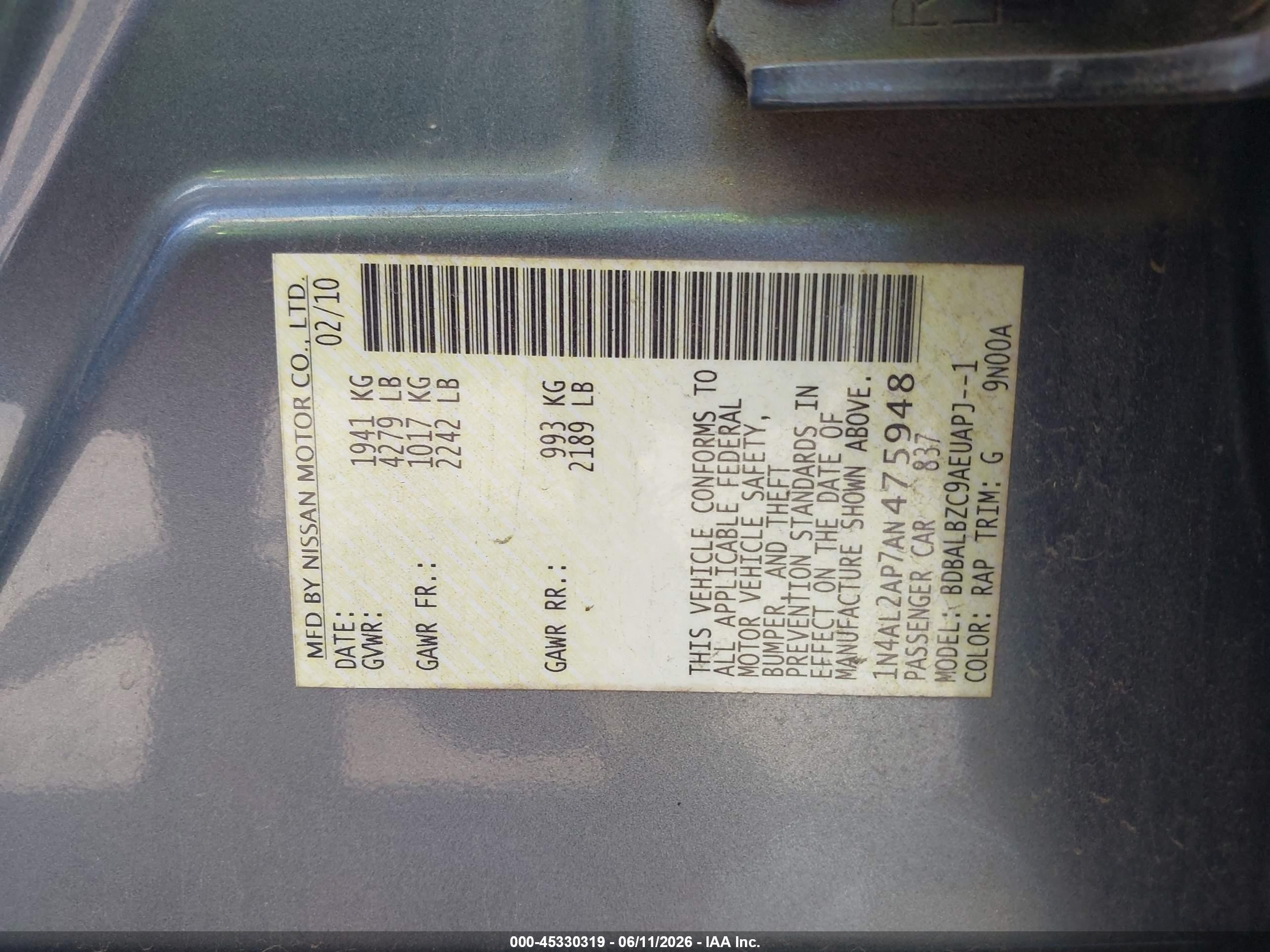 2010 Nissan Altima 2.5 S Blue vin: 1N4AL2AP7AN475948