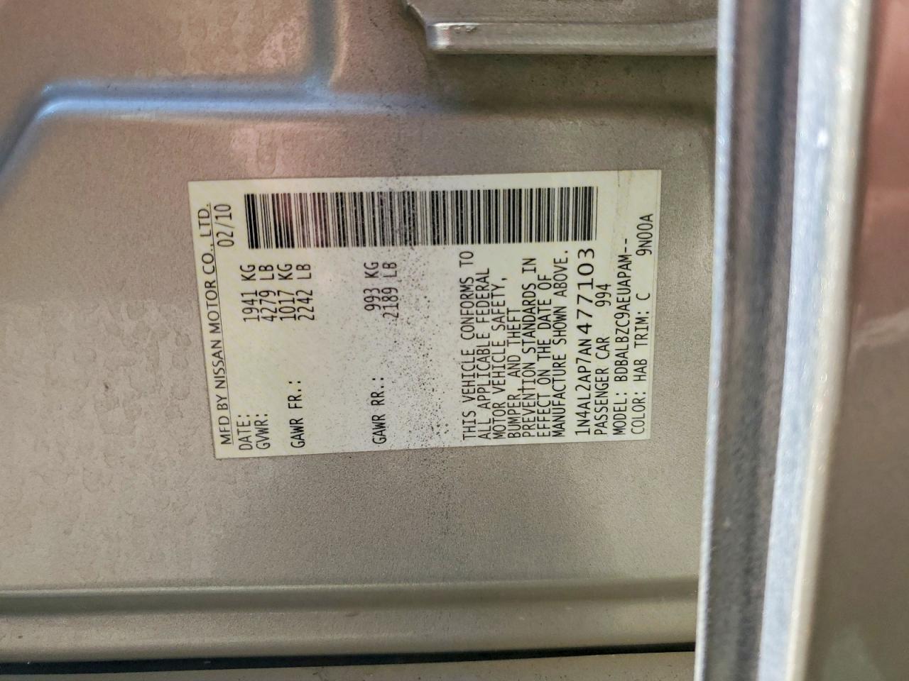 2010 Nissan Altima 2.5 Gold vin: 1N4AL2AP7AN477103