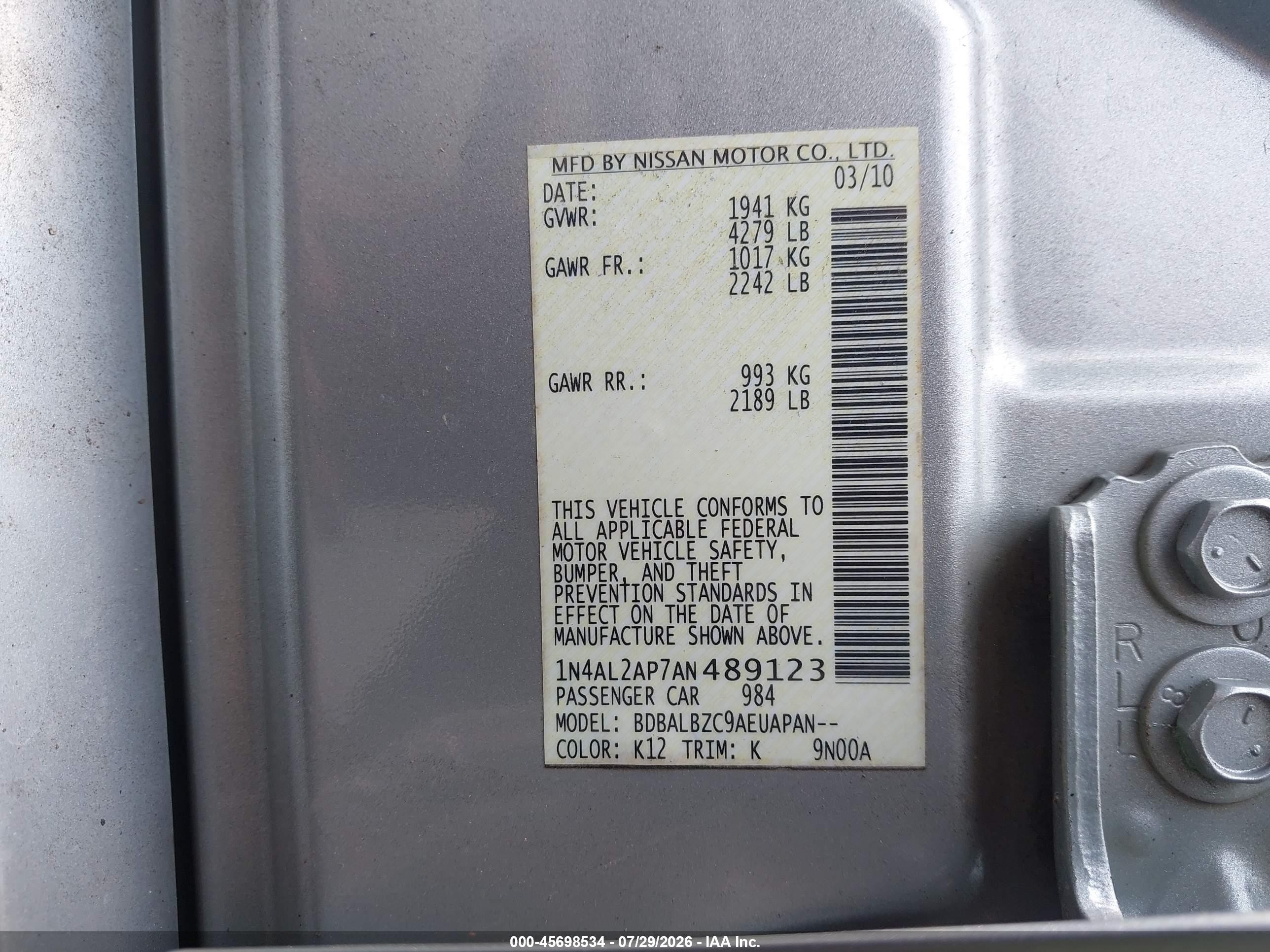 2010 Nissan Altima 2.5 S Серебряный vin: 1N4AL2AP7AN489123