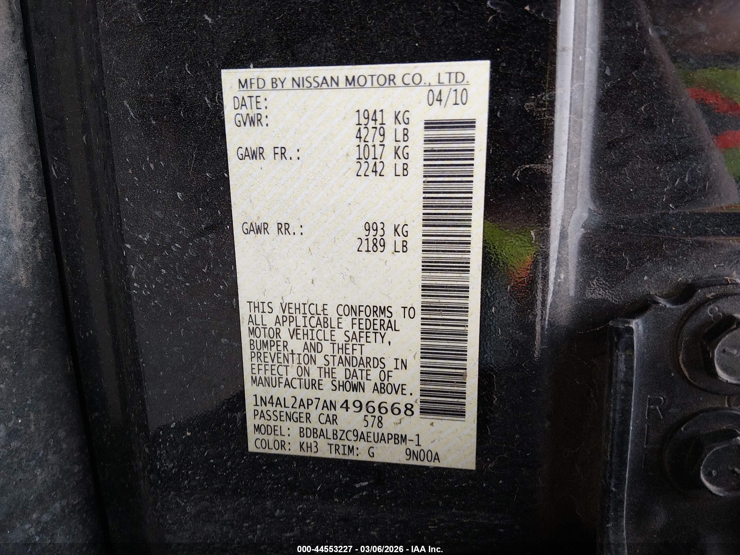 2010 Nissan Altima 2.5 S Black vin: 1N4AL2AP7AN496668