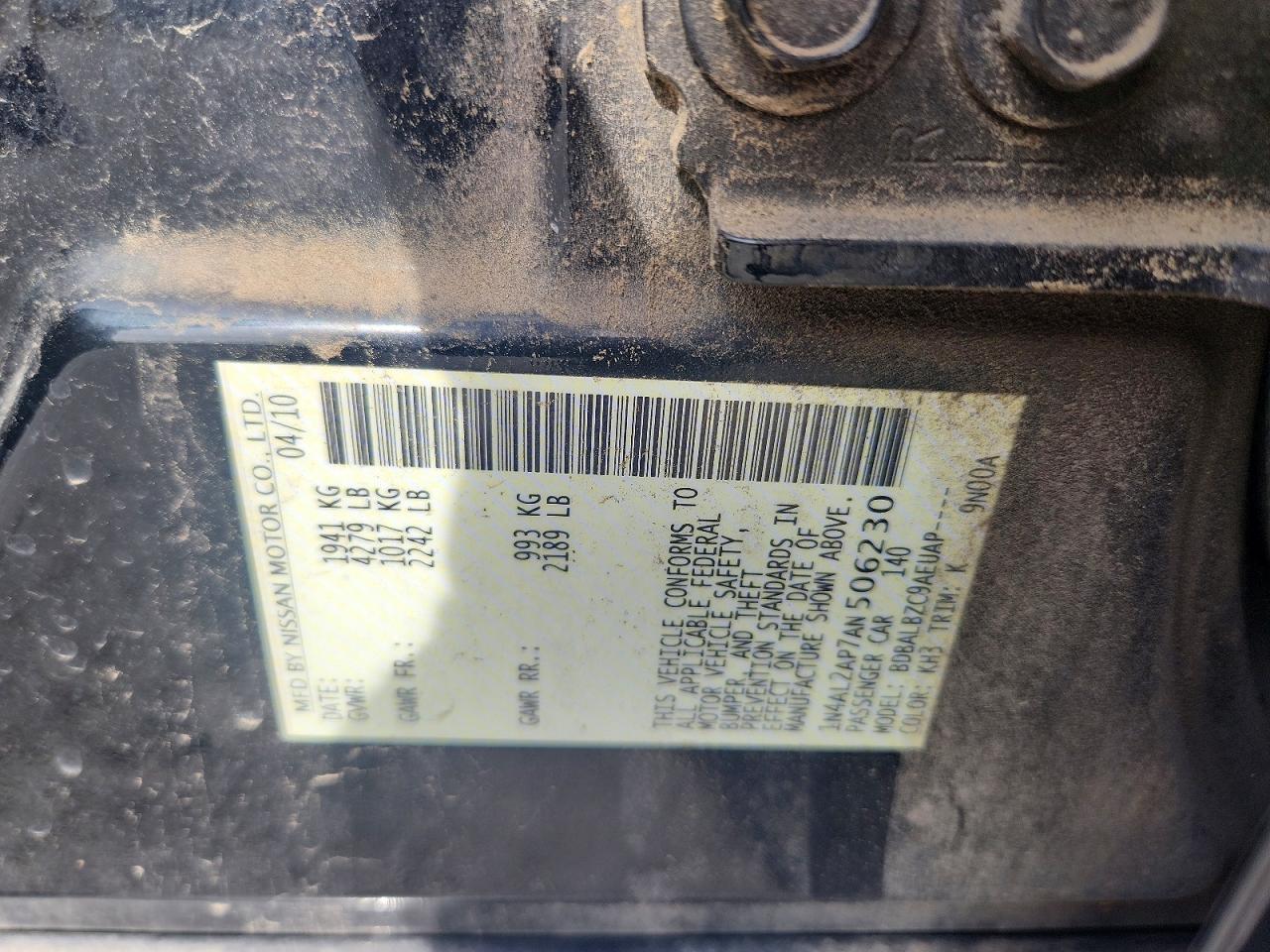 2010 Nissan Altima 2.5 Black vin: 1N4AL2AP7AN506230