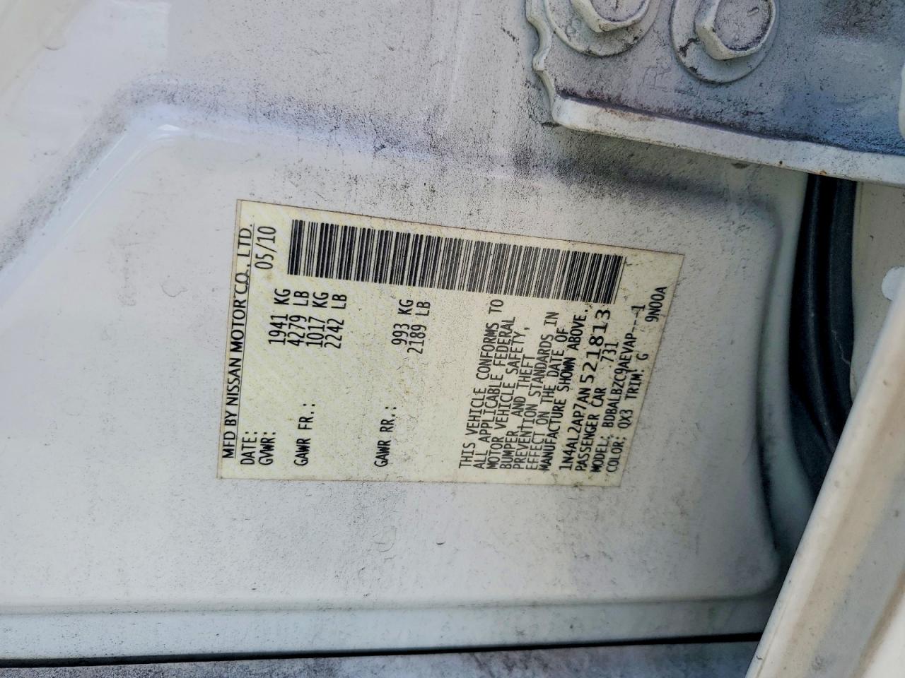 2010 Nissan Altima 2.5 White vin: 1N4AL2AP7AN521813