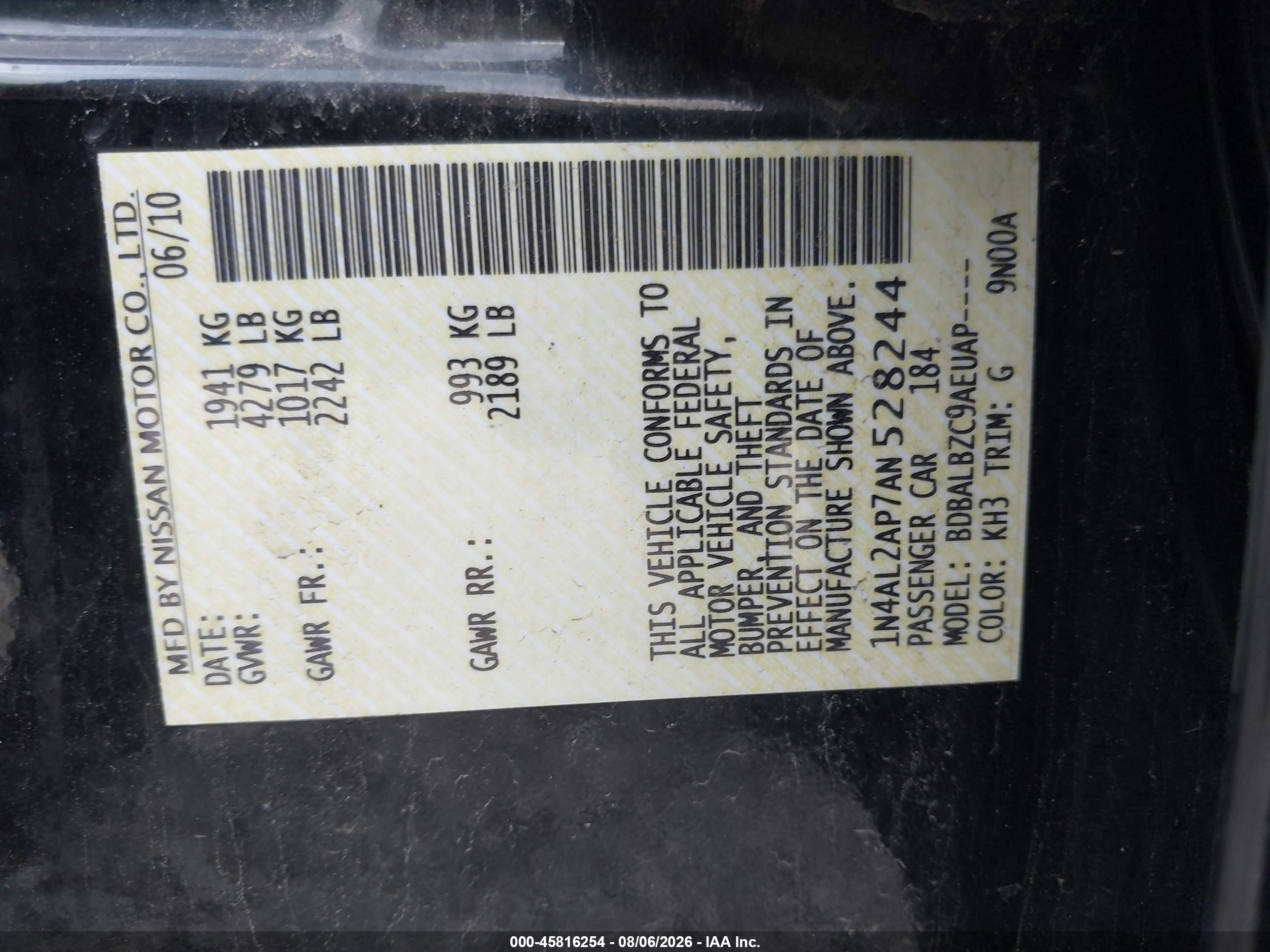 2010 Nissan Altima 2.5 S Black vin: 1N4AL2AP7AN528244