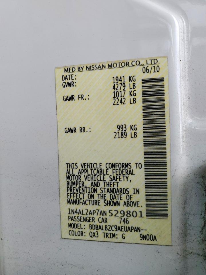 2010 Nissan Altima 2.5 White vin: 1N4AL2AP7AN529801