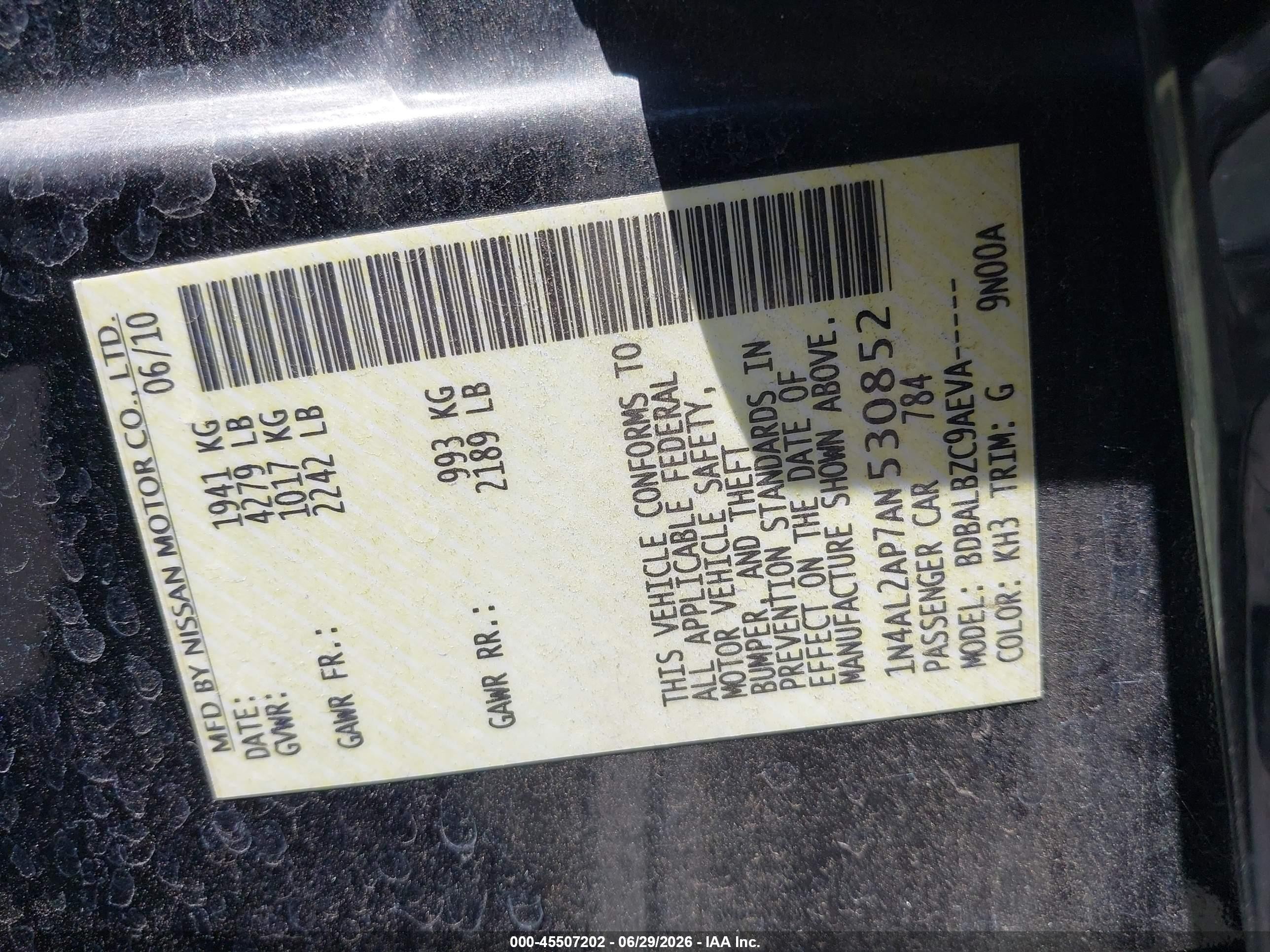2010 Nissan Altima 2.5 S Black vin: 1N4AL2AP7AN530852