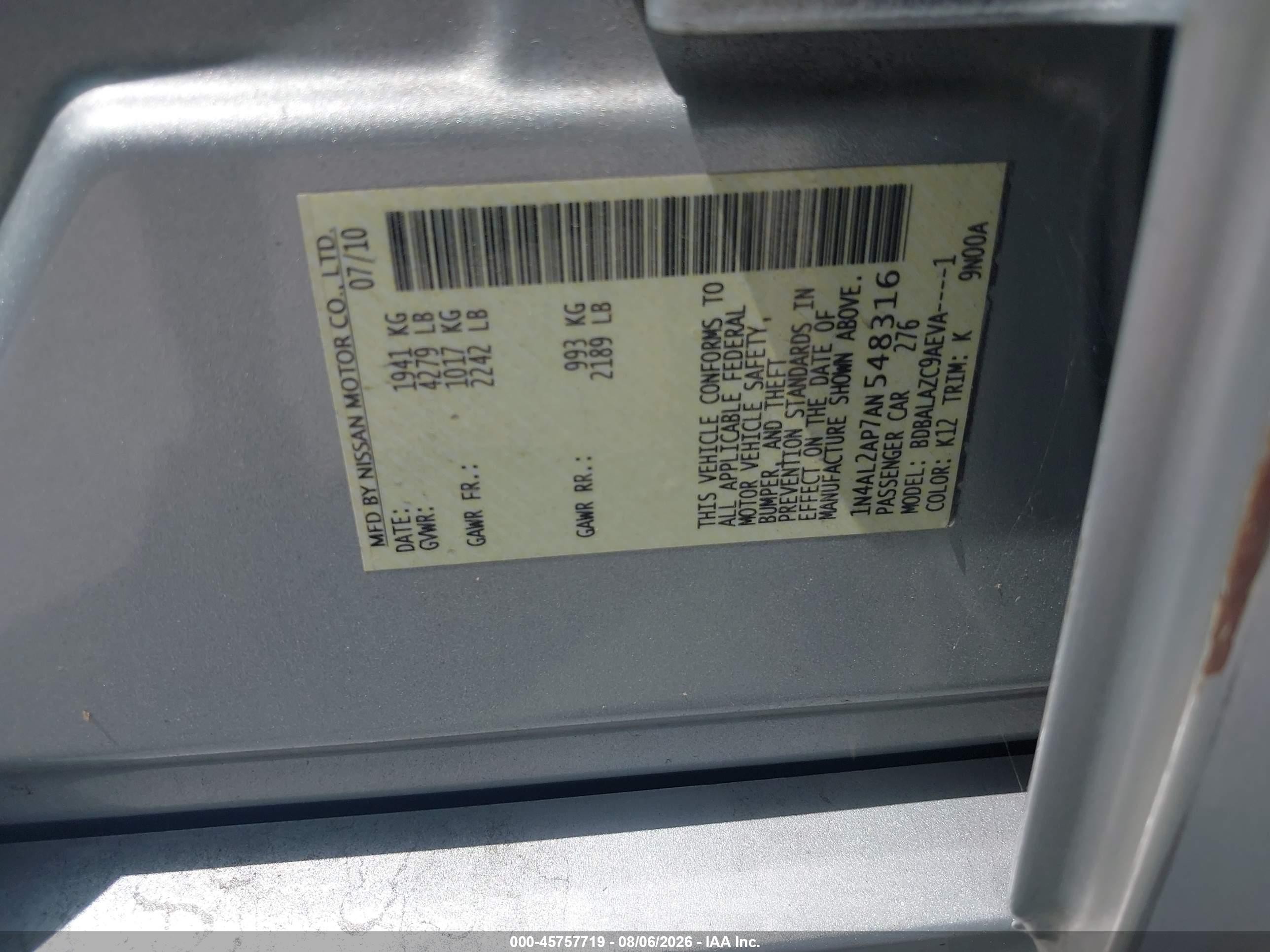 2010 Nissan Altima 2.5 Silver vin: 1N4AL2AP7AN548316