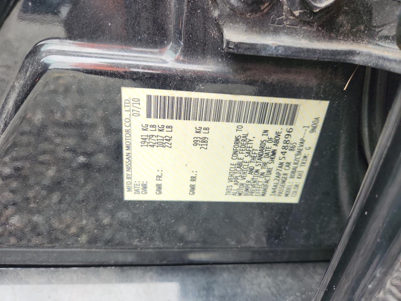 2010 Nissan Altima 2.5 Black vin: 1N4AL2AP7AN548896