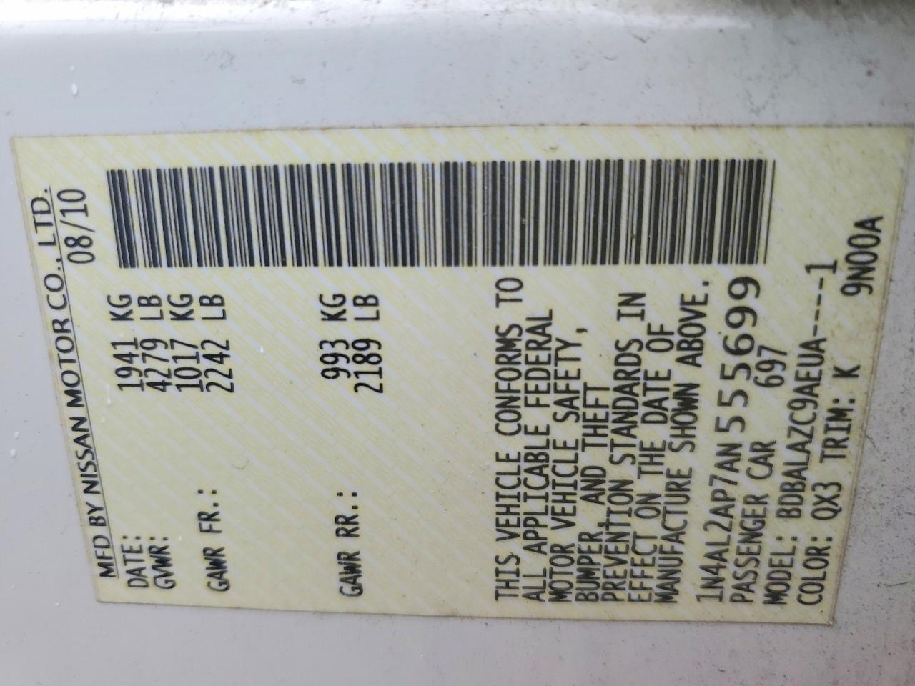 2010 Nissan Altima 2.5 White vin: 1N4AL2AP7AN555699