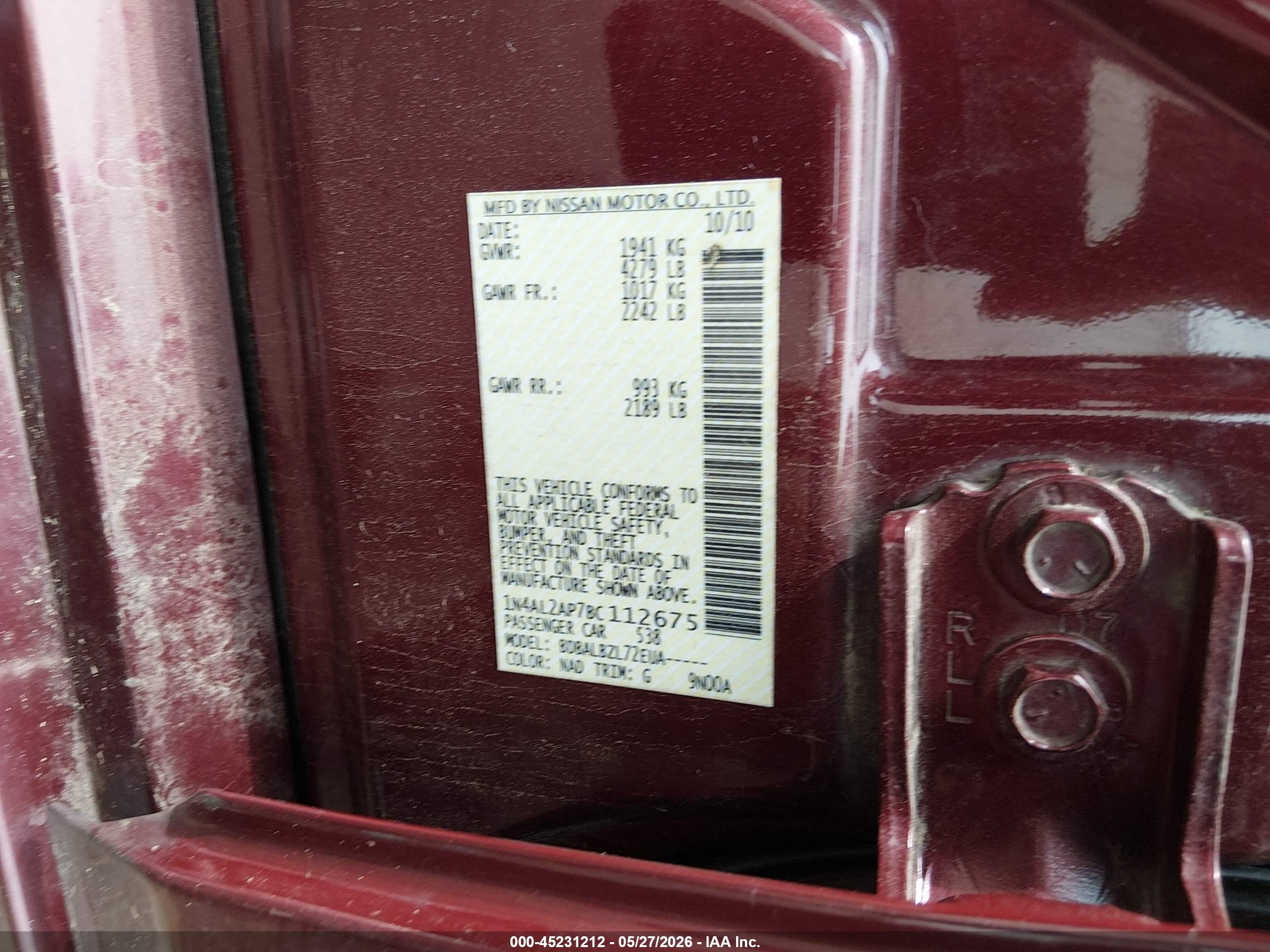 2011 Nissan Altima 2.5 S Maroon vin: 1N4AL2AP7BC112675