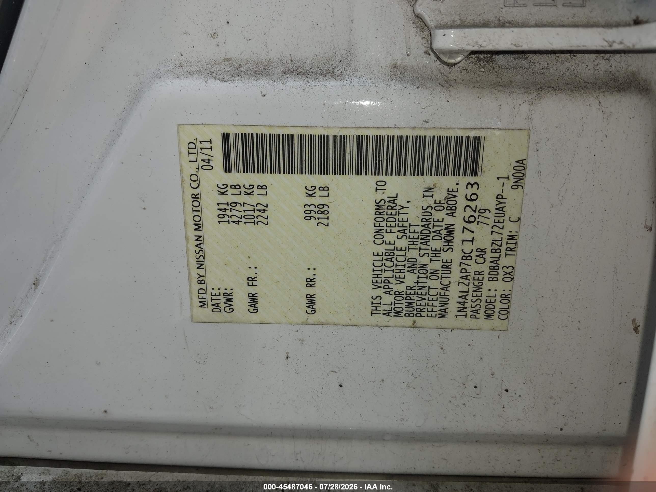 2011 Nissan Altima 2.5 S White vin: 1N4AL2AP7BC176263