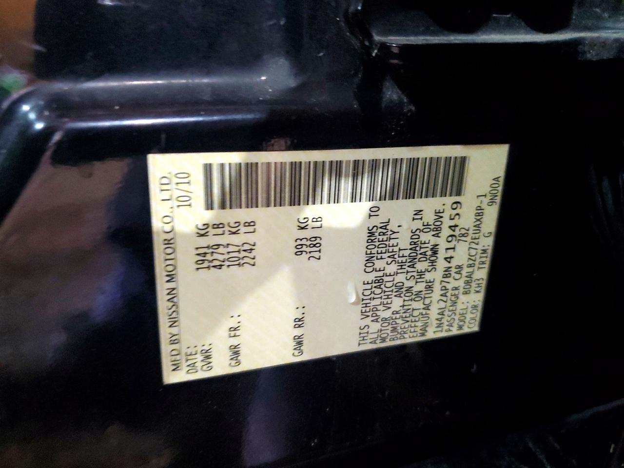 2011 Nissan Altima 2.5 Black vin: 1N4AL2AP7BN419459