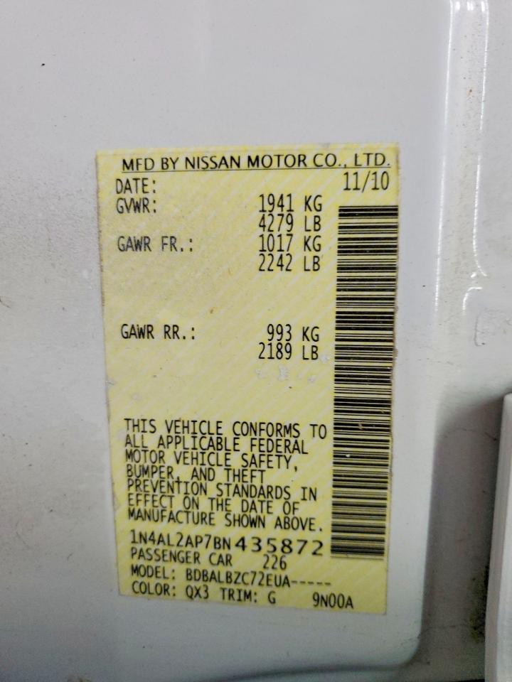 2011 Nissan Altima 2.5 Белый vin: 1N4AL2AP7BN435872