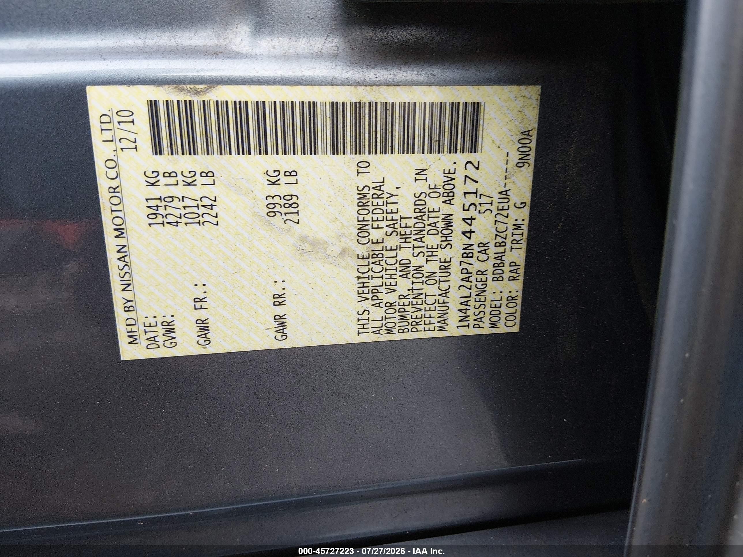 2011 Nissan Altima 2.5 S Light Blue vin: 1N4AL2AP7BN445172