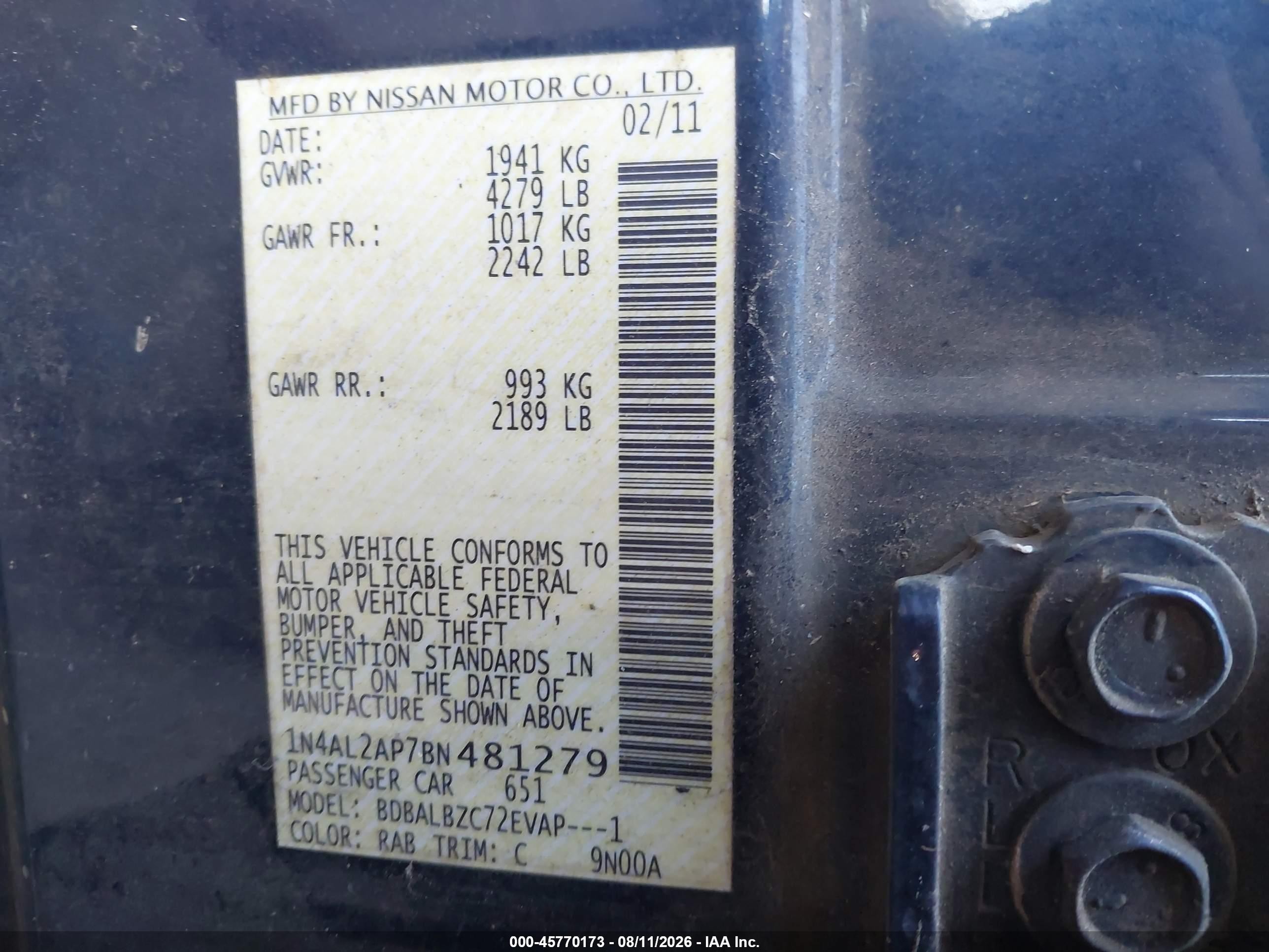 2011 Nissan Altima 2.5 S Blue vin: 1N4AL2AP7BN481279