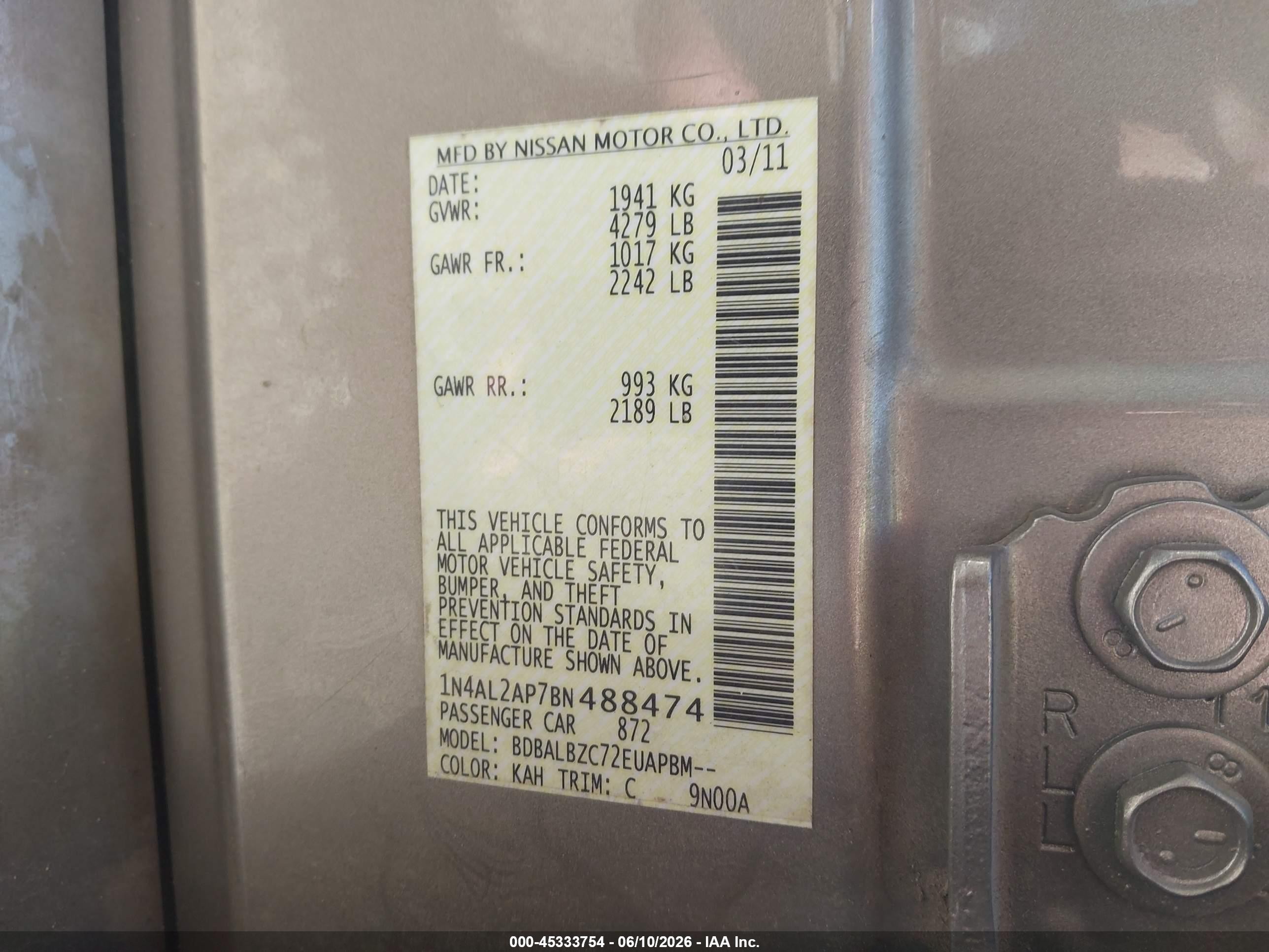 2011 Nissan Altima 2.5 S Cream vin: 1N4AL2AP7BN488474