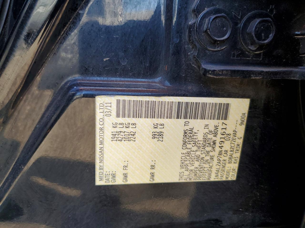 2011 Nissan Altima 2.5 Black vin: 1N4AL2AP7BN491617