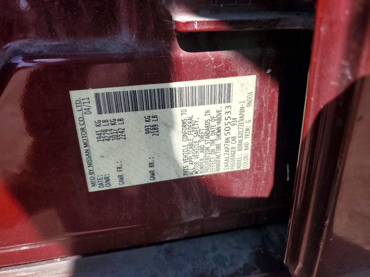 2011 Nissan Altima 2.5 Burgundy vin: 1N4AL2AP7BN505533