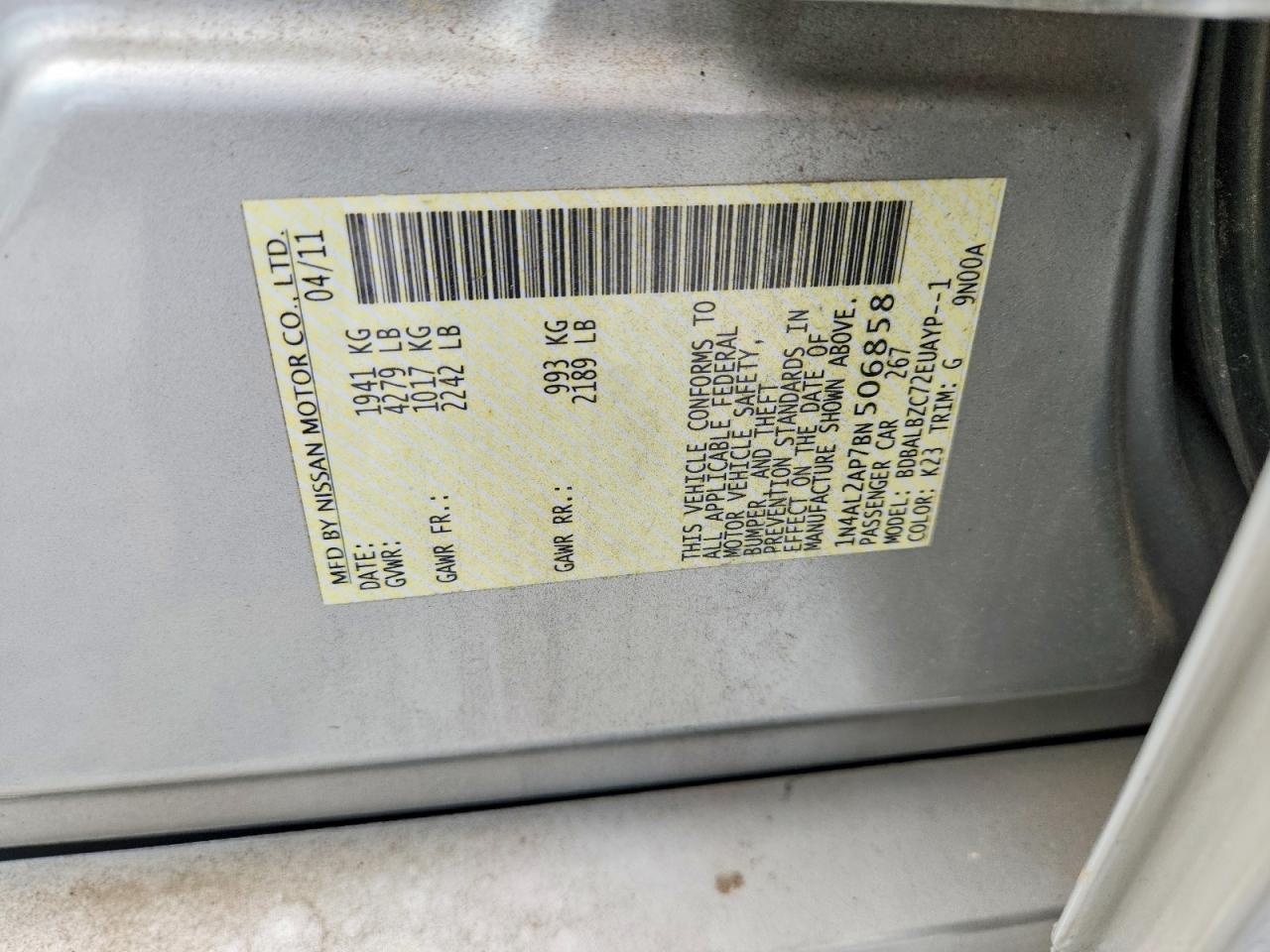 2011 Nissan Altima 2.5 Silver vin: 1N4AL2AP7BN506858