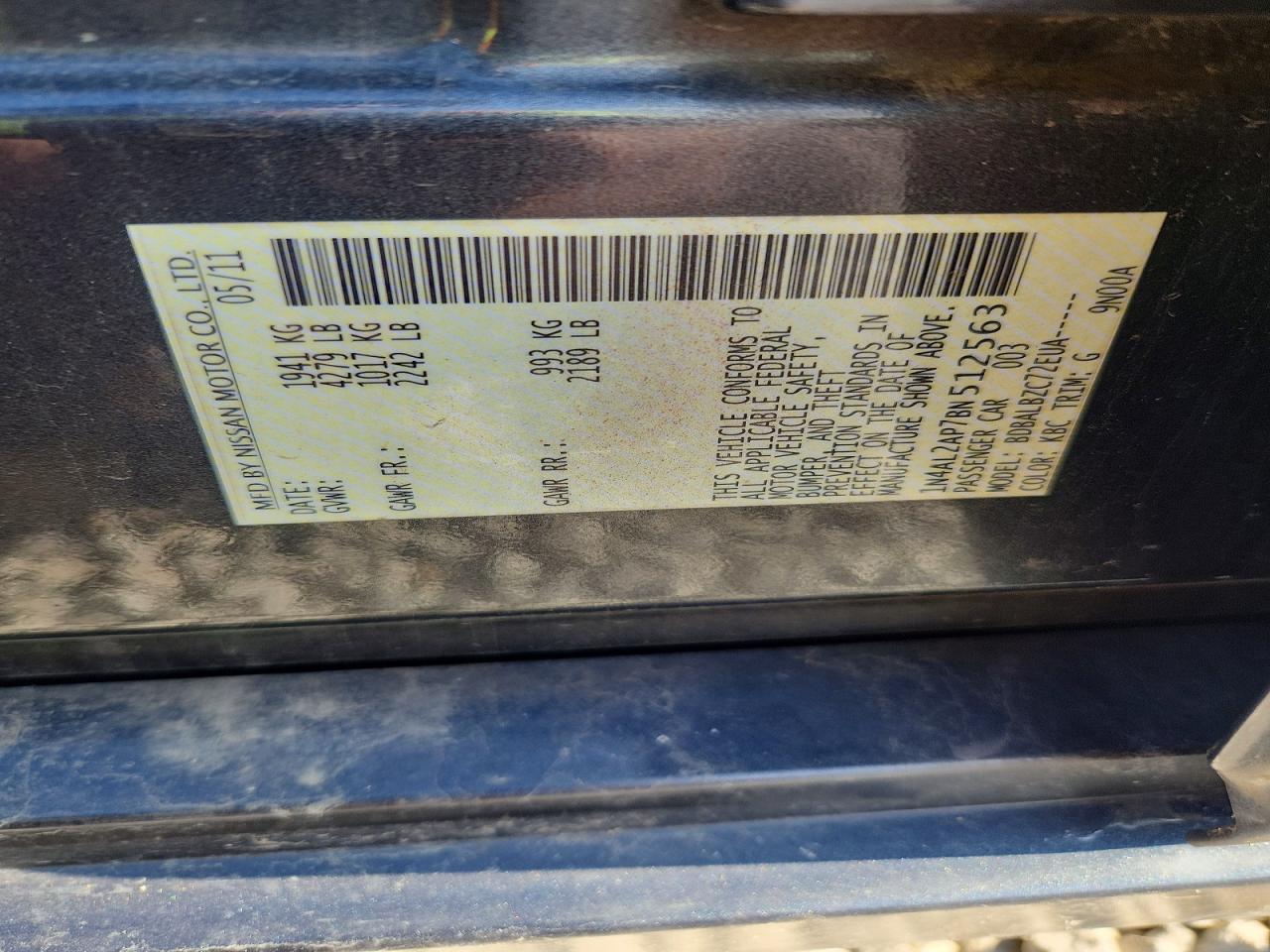 2011 Nissan Altima 2.5 Charcoal vin: 1N4AL2AP7BN512563