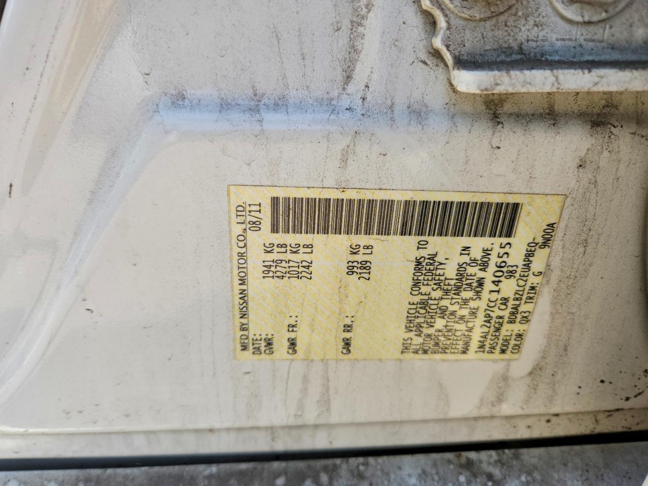 2012 Nissan Altima 2.5 White vin: 1N4AL2AP7CC140655