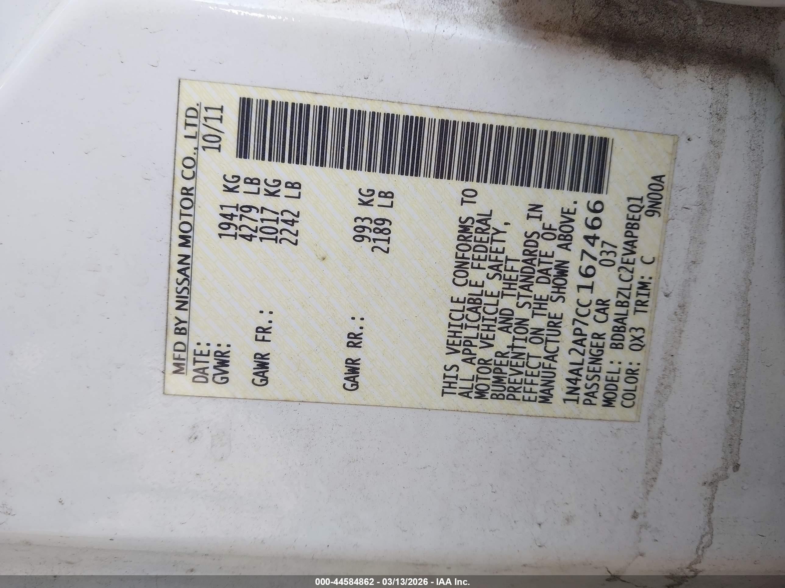 2012 Nissan Altima 2.5 S White vin: 1N4AL2AP7CC167466