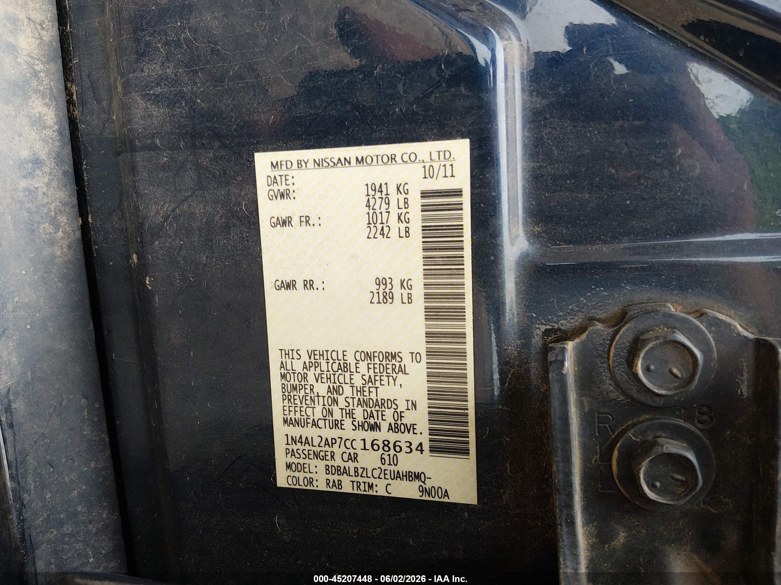 2012 Nissan Altima 2.5 S Blue vin: 1N4AL2AP7CC168634
