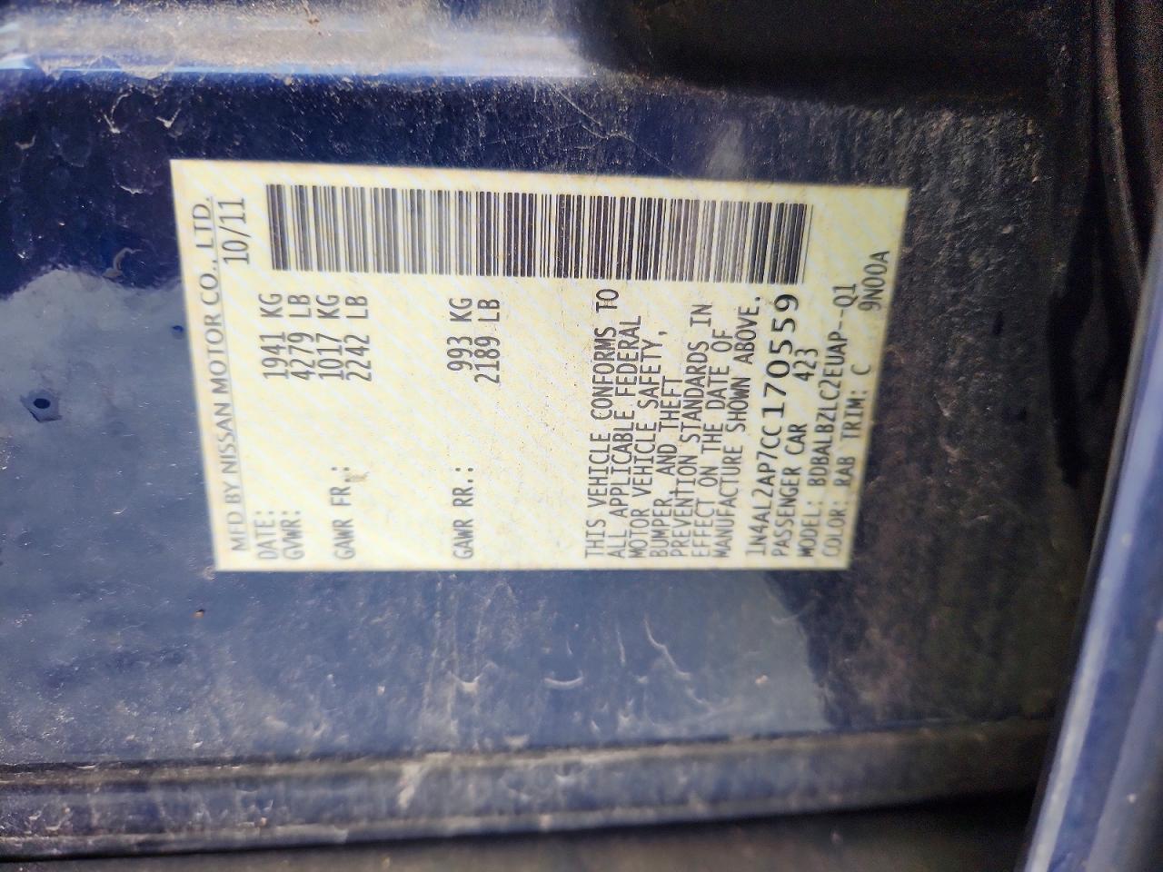 2012 Nissan Altima 2.5 Blue vin: 1N4AL2AP7CC170559