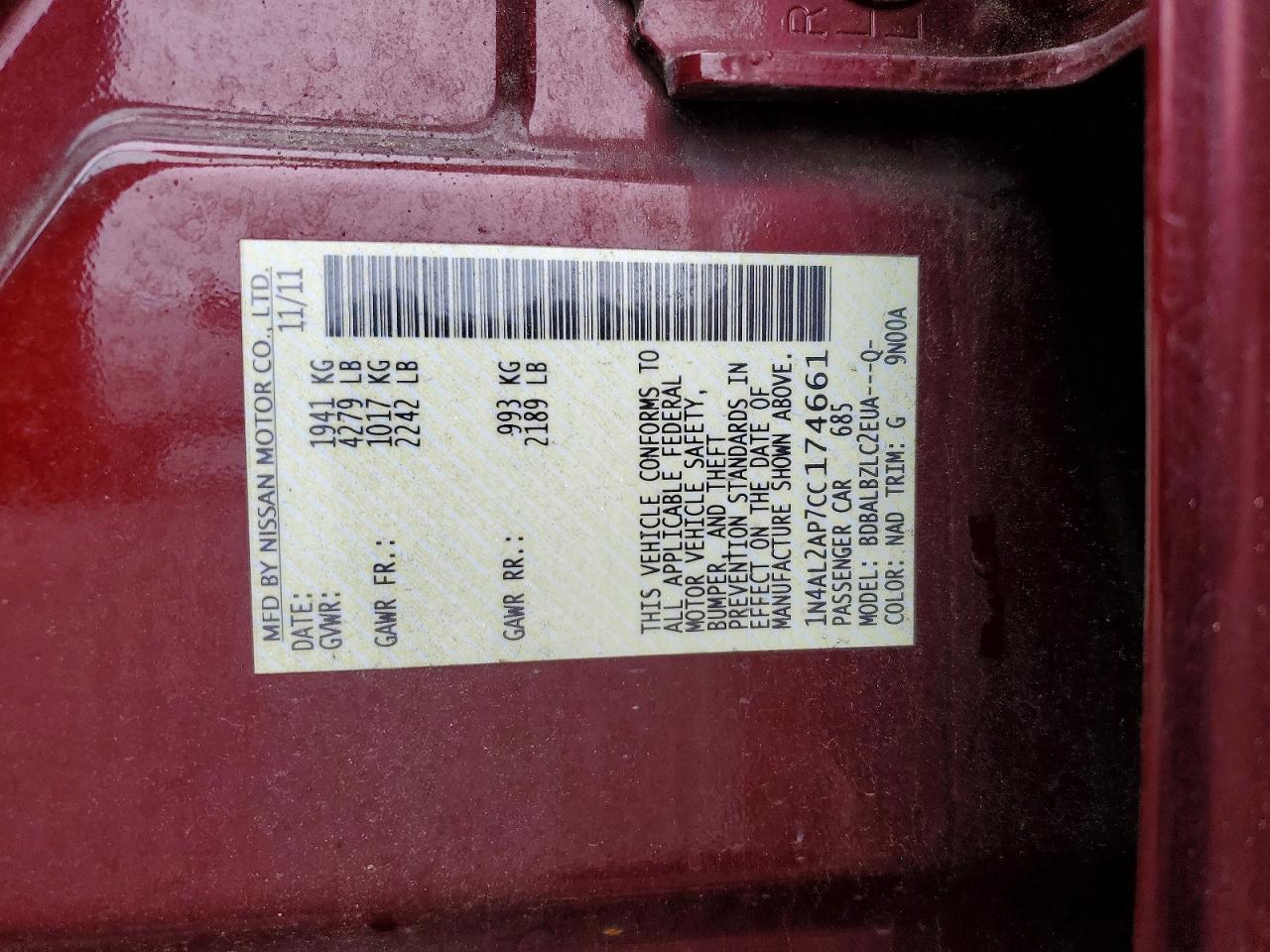 2012 Nissan Altima 2.5 Burgundy vin: 1N4AL2AP7CC174661