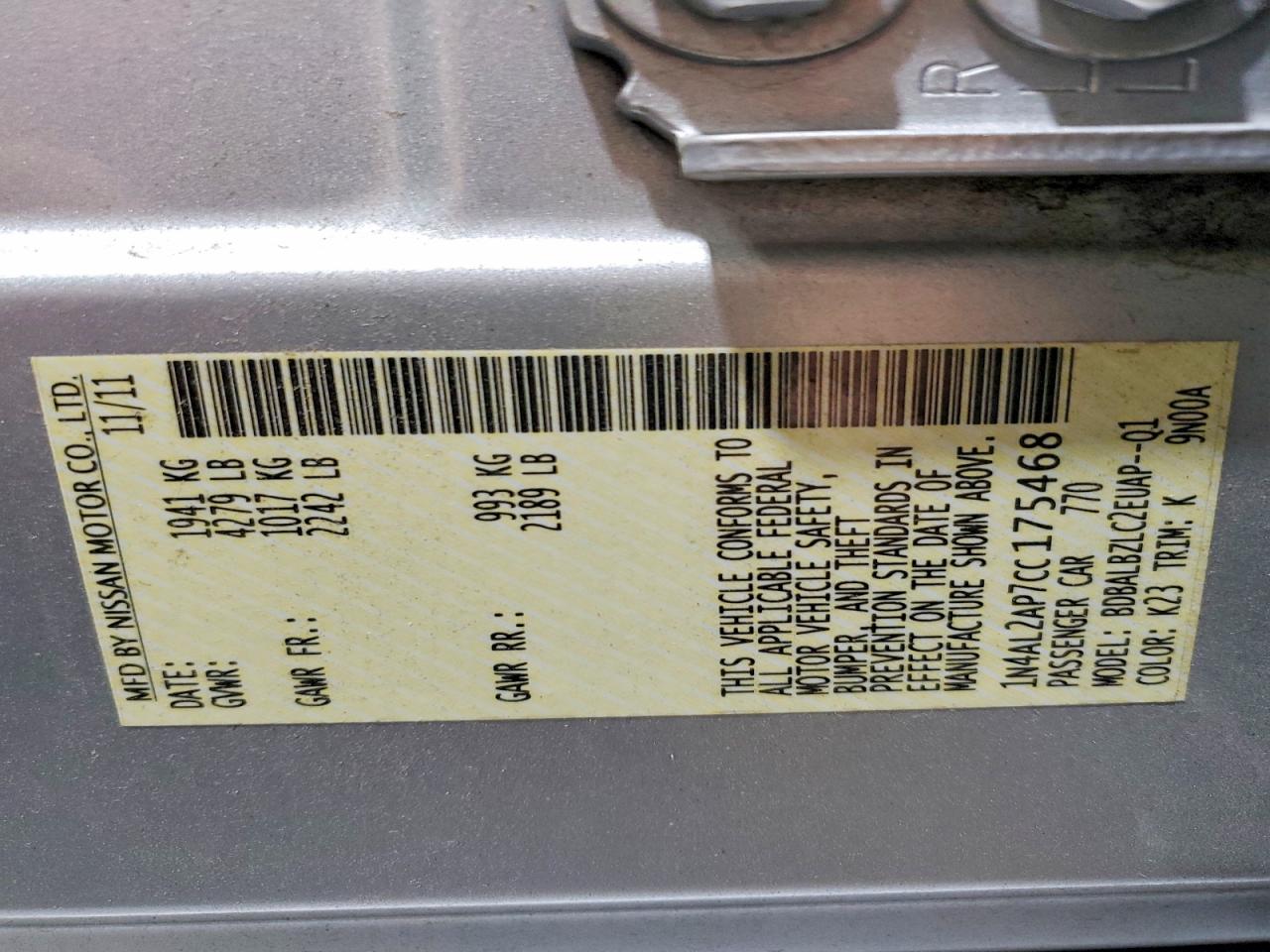 2012 Nissan Altima 2.5 Silver vin: 1N4AL2AP7CC175468