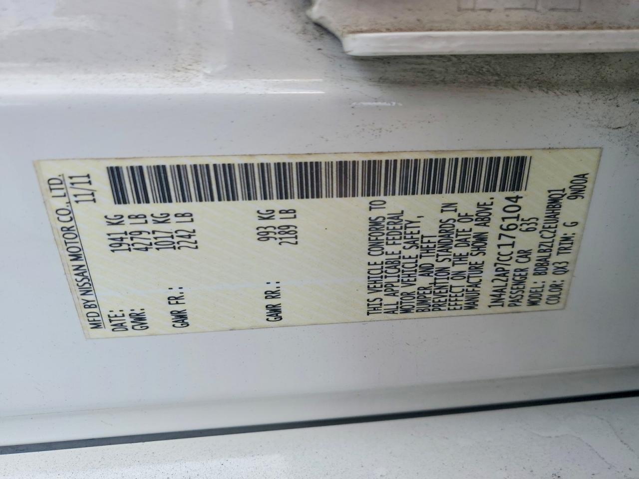 2012 Nissan Altima Base White vin: 1N4AL2AP7CC176104
