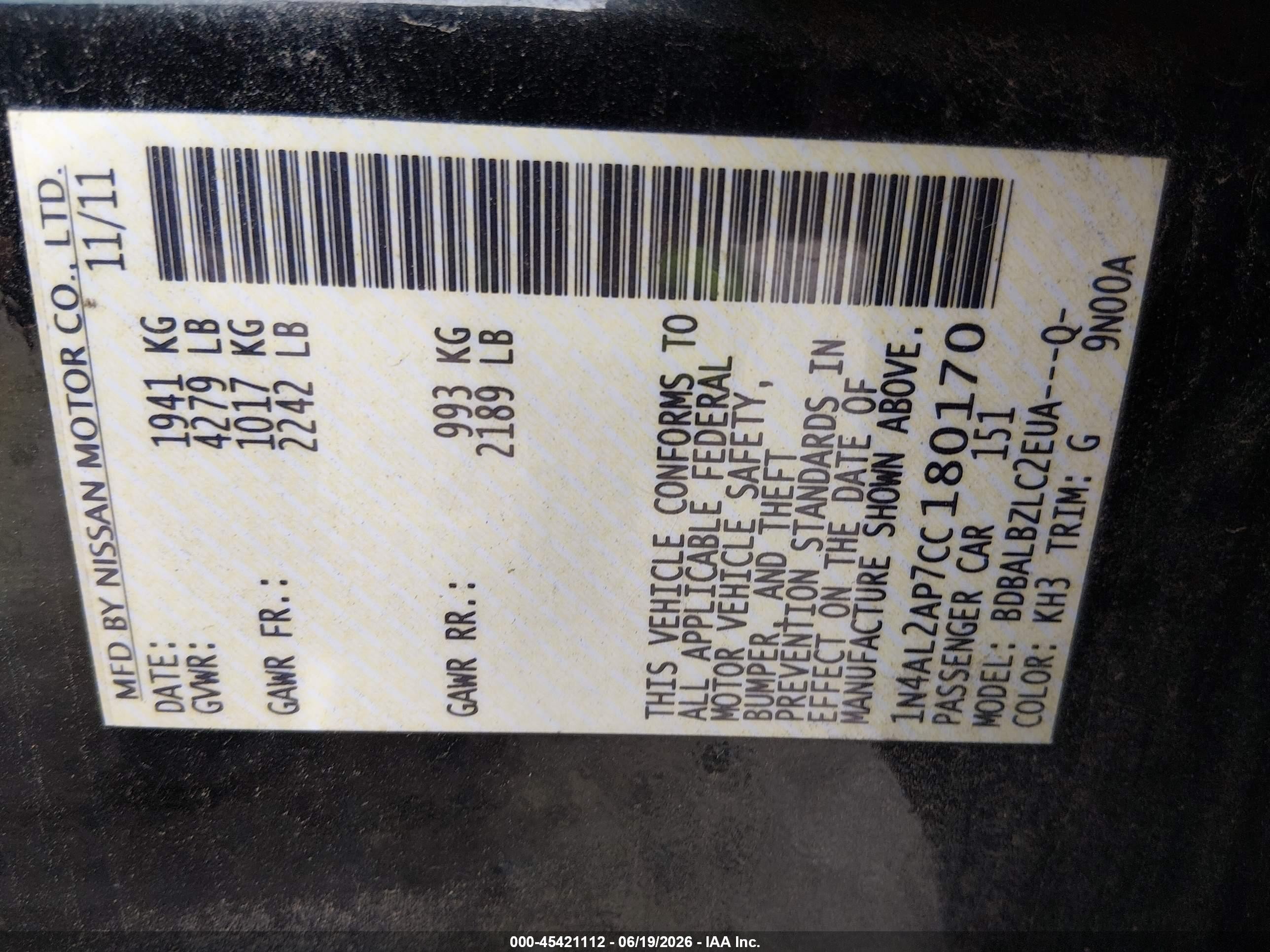 2012 Nissan Altima 2.5 S Black vin: 1N4AL2AP7CC180170