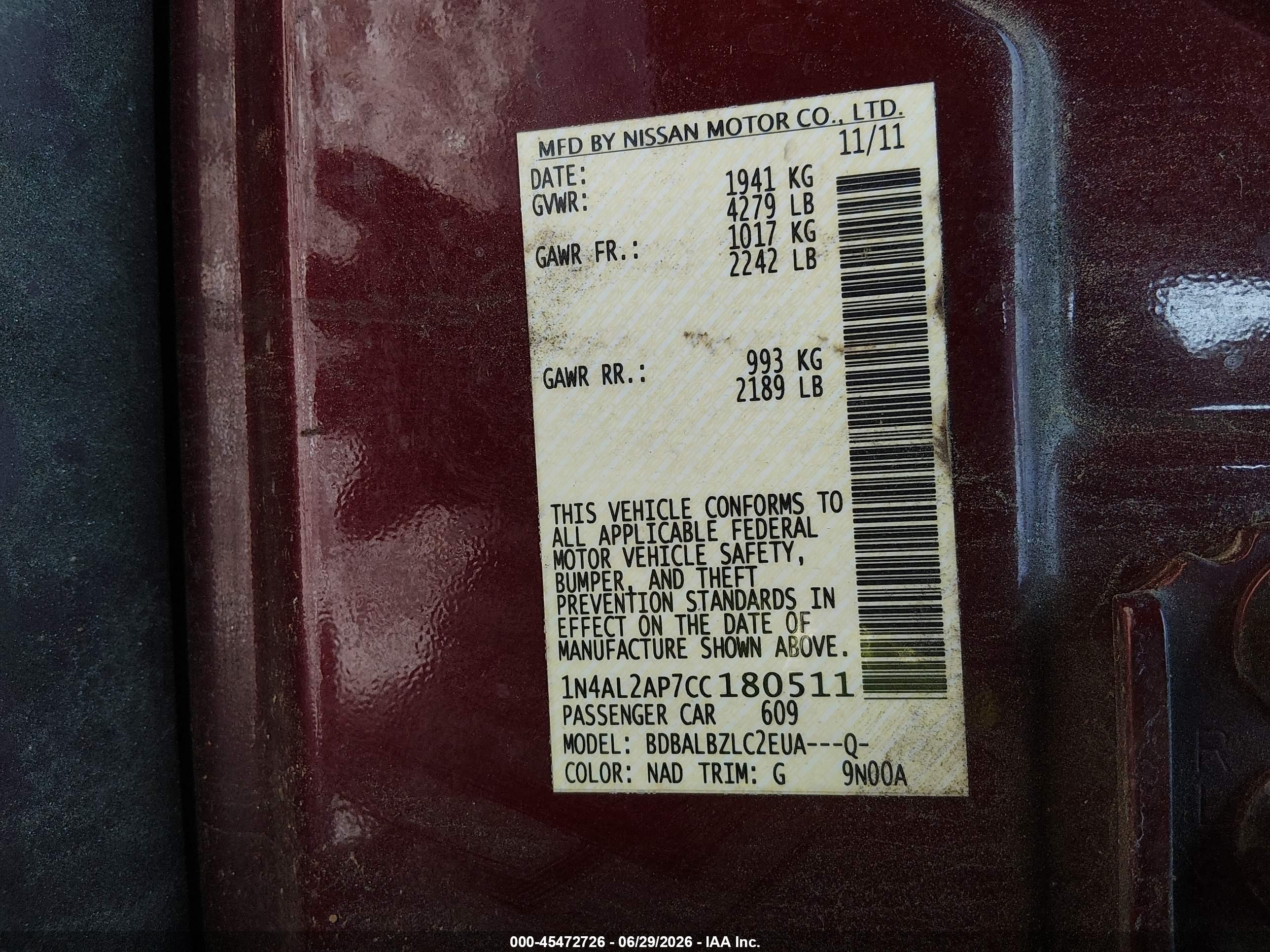 2012 Nissan Altima 2.5 S Red vin: 1N4AL2AP7CC180511