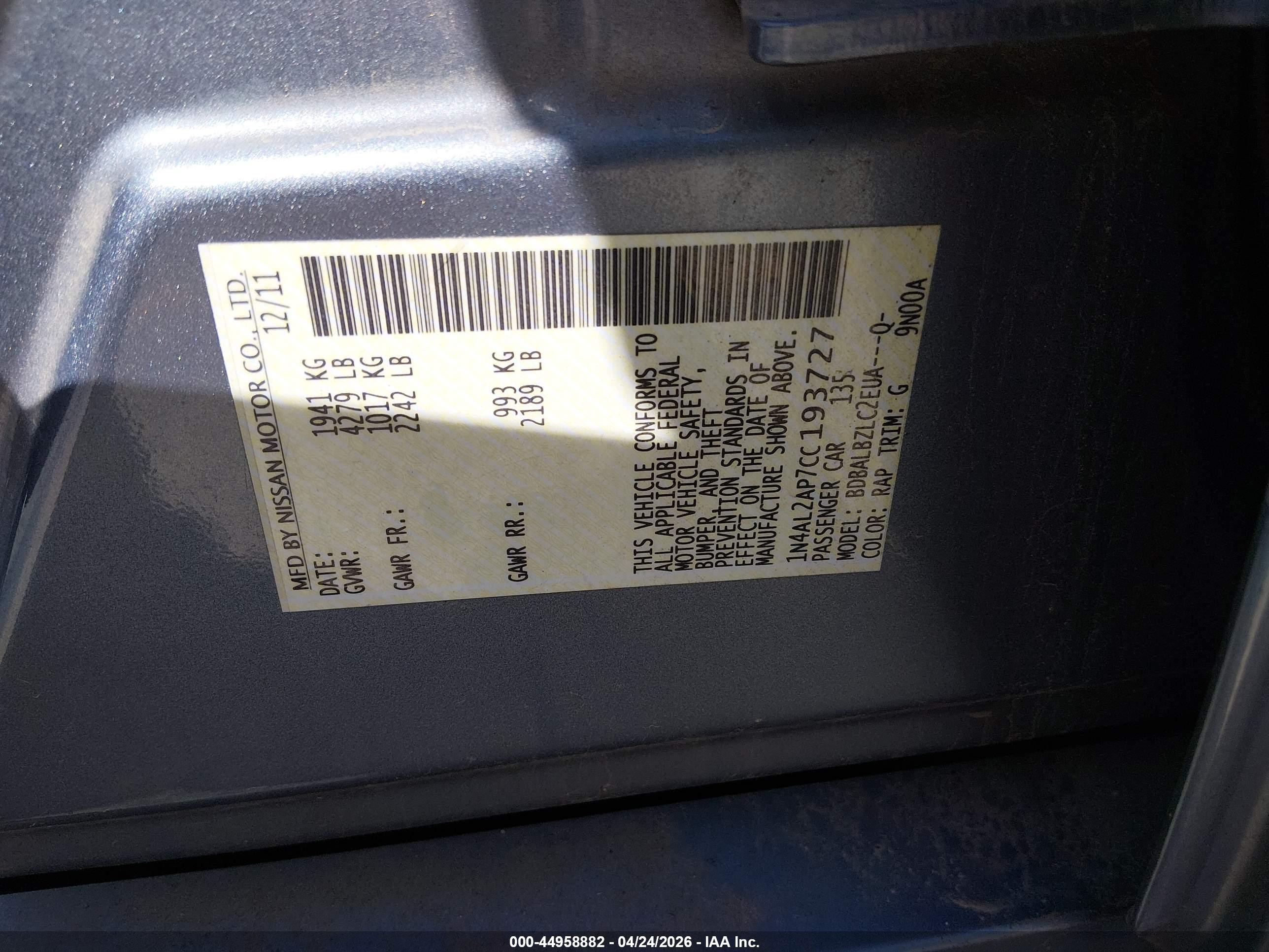 2012 Nissan Altima 2.5 S Blue vin: 1N4AL2AP7CC193727