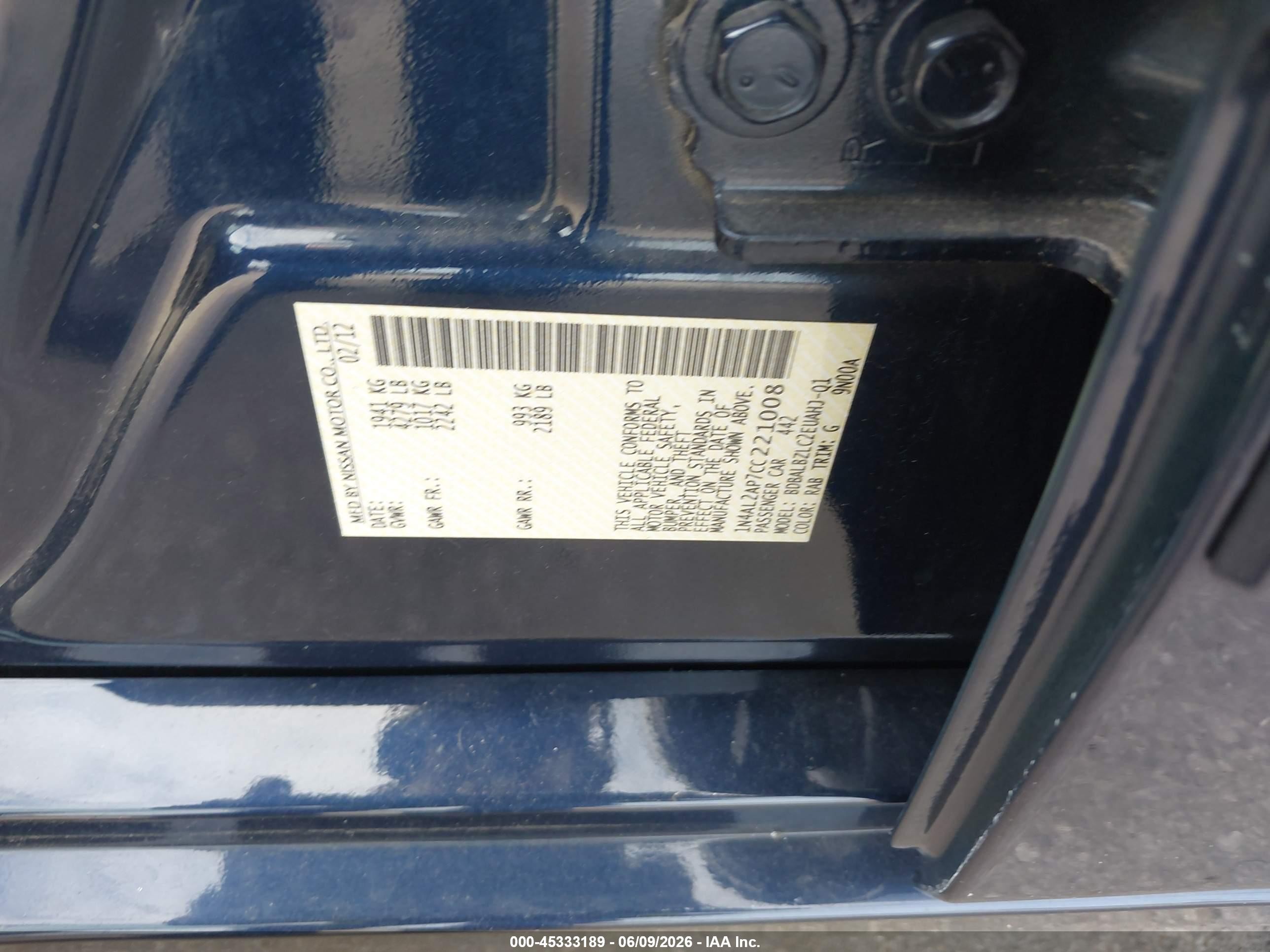 2012 Nissan Altima 2.5 S Синий vin: 1N4AL2AP7CC221008