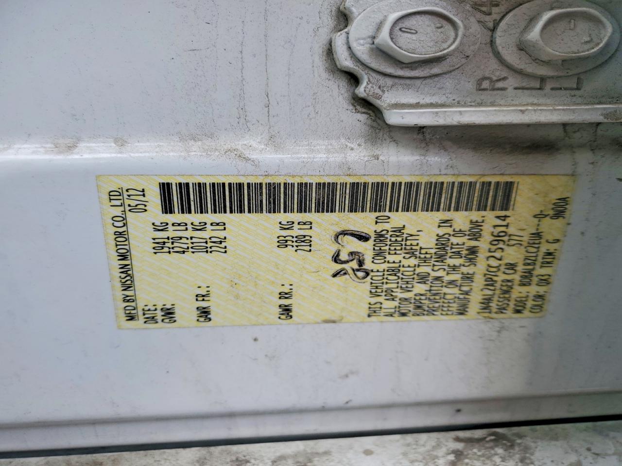 2012 Nissan Altima 2.5 White vin: 1N4AL2AP7CC259614