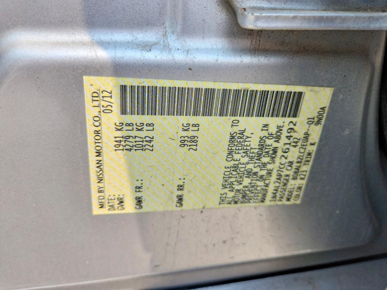 2012 Nissan Altima 2.5 Silver vin: 1N4AL2AP7CC261492