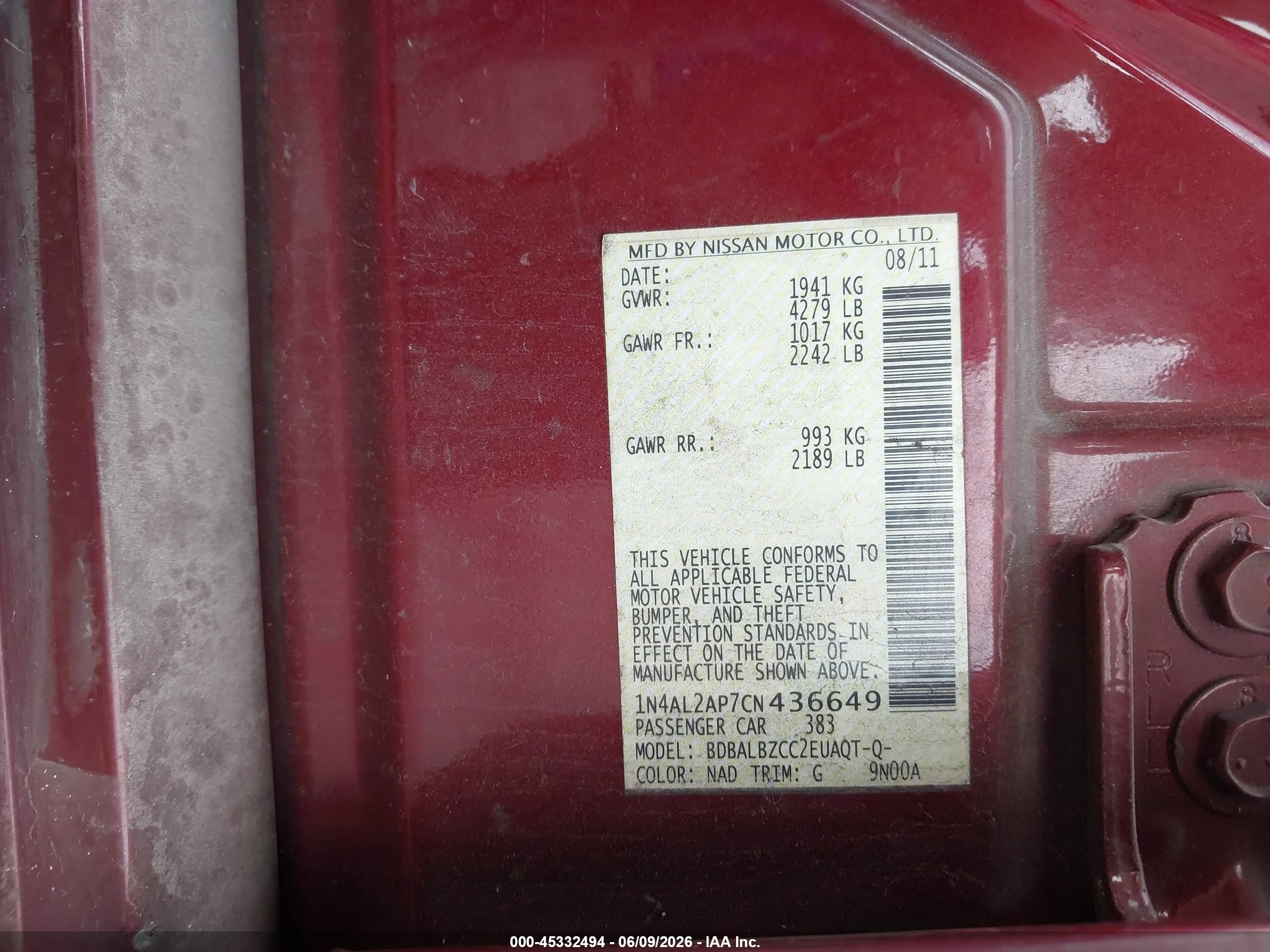 2012 Nissan Altima 2.5 S Maroon vin: 1N4AL2AP7CN436649