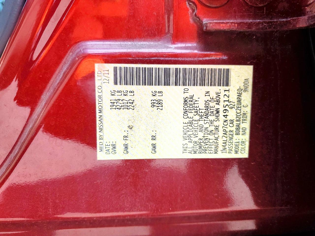 2012 Nissan Altima 2.5 Burgundy vin: 1N4AL2AP7CN495121