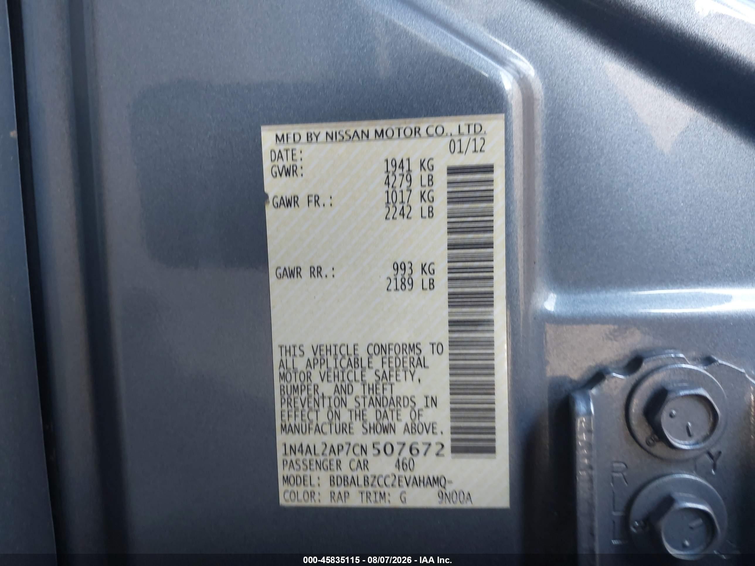 2012 Nissan Altima 2.5 S Light Blue vin: 1N4AL2AP7CN507672
