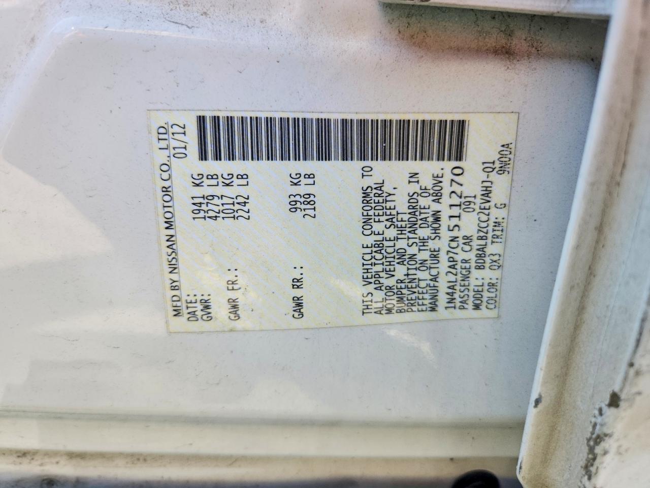 2012 Nissan Altima Base/s White vin: 1N4AL2AP7CN511270