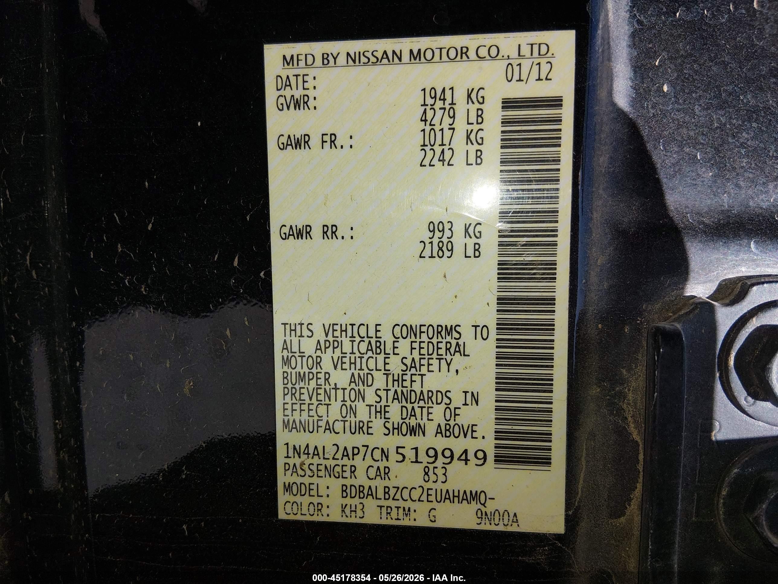 2012 Nissan Altima 2.5 S Black vin: 1N4AL2AP7CN519949