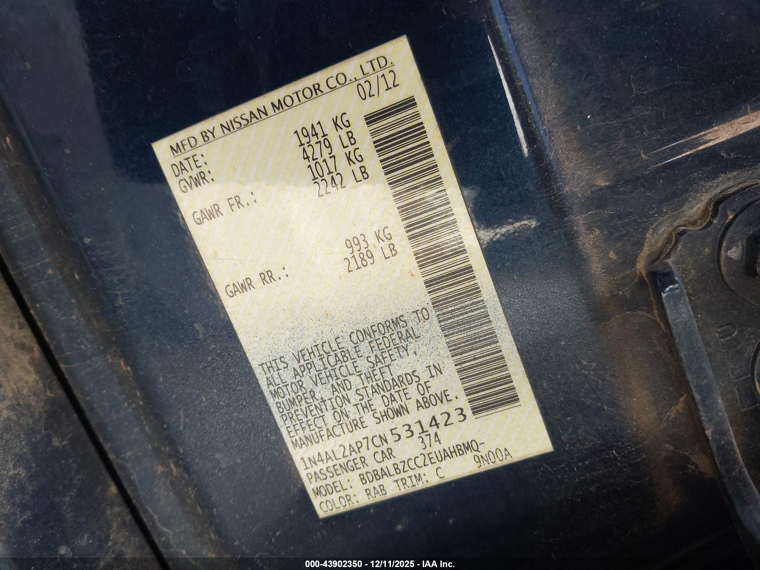 2012 Nissan Altima 2.5 S Blue vin: 1N4AL2AP7CN531423