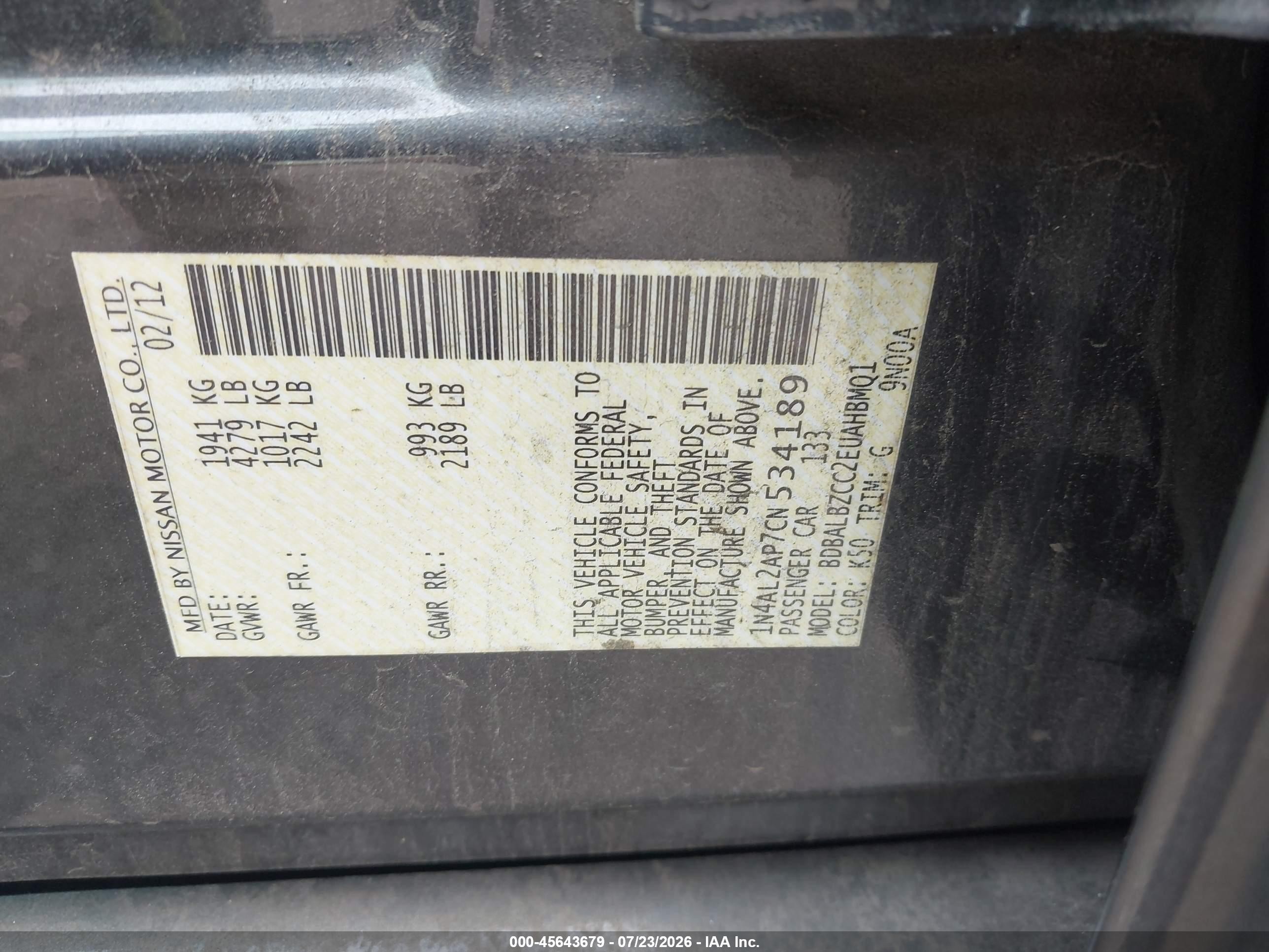 2012 Nissan Altima 2.5 S Черный vin: 1N4AL2AP7CN534189