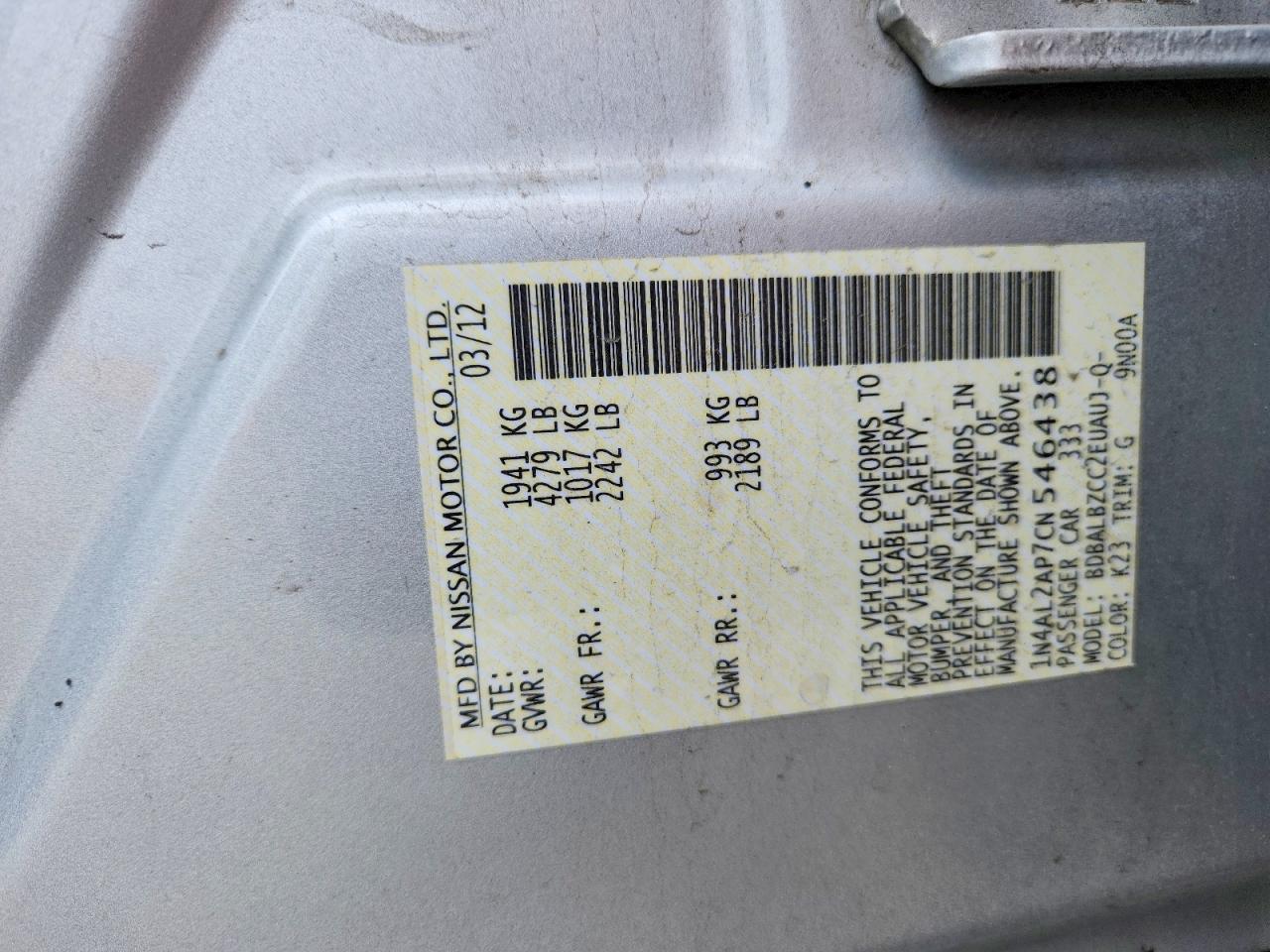 2012 Nissan Altima 2.5 Silver vin: 1N4AL2AP7CN546438