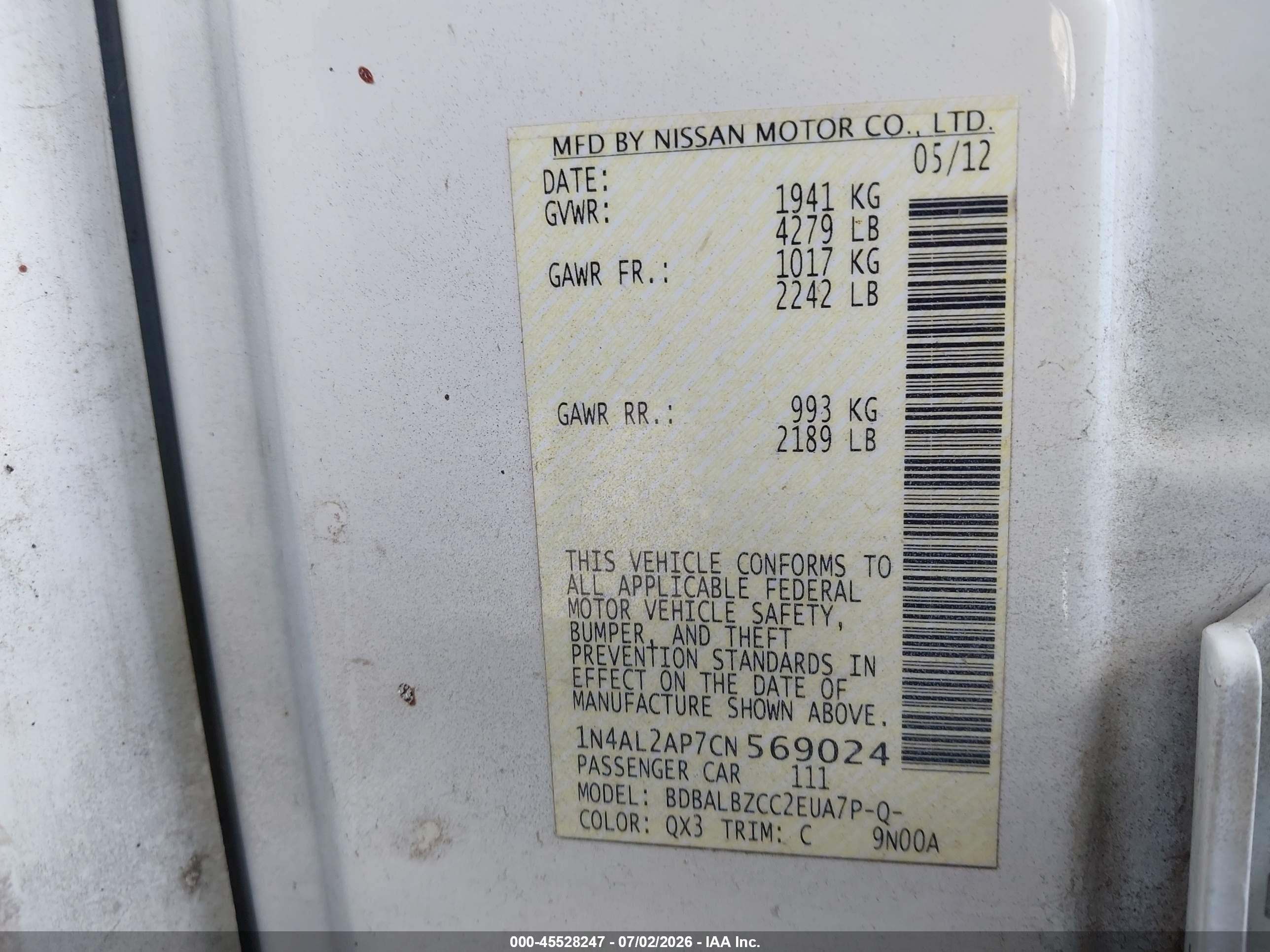 2012 Nissan Altima 2.5 S White vin: 1N4AL2AP7CN569024