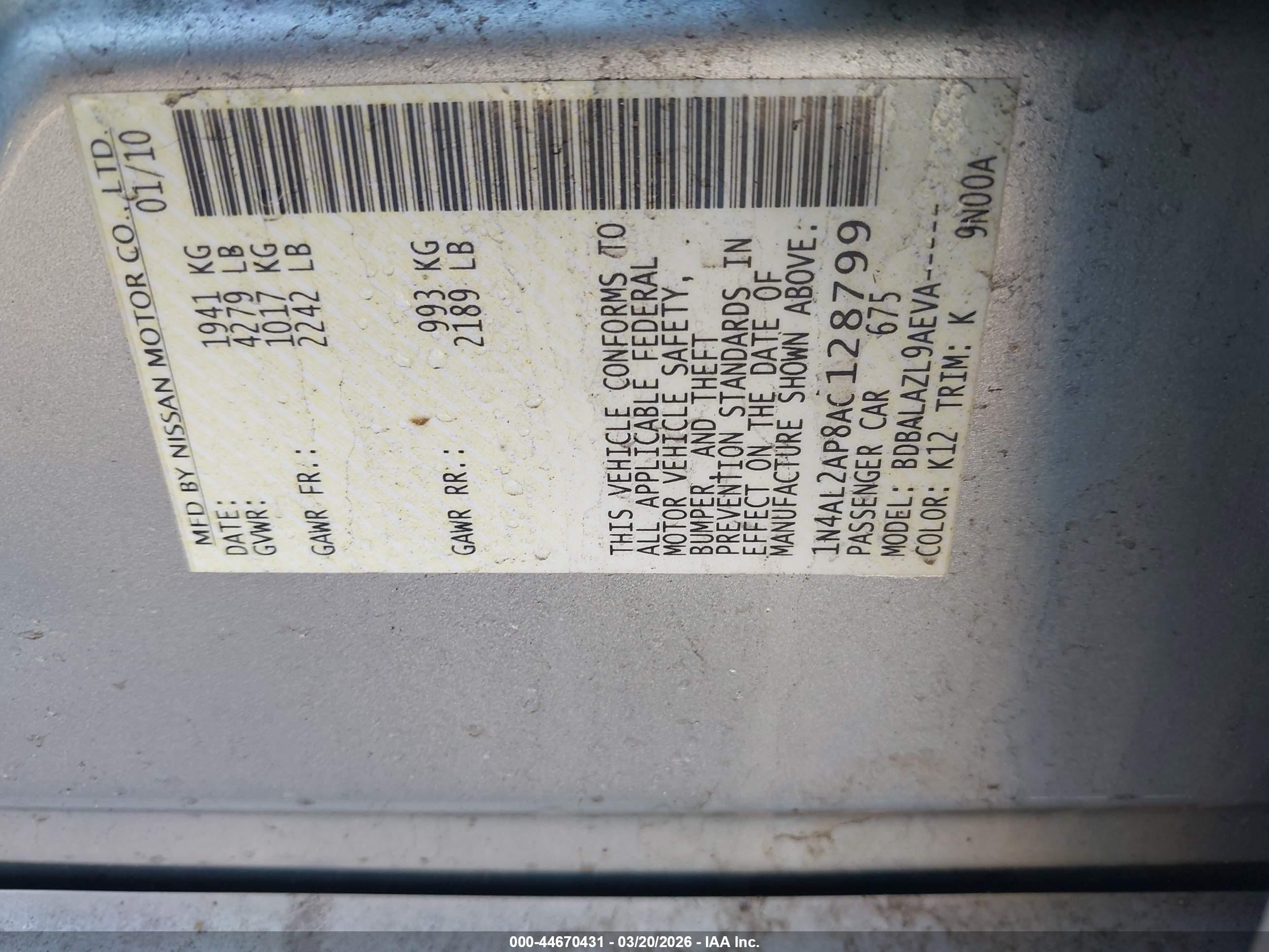 2010 Nissan Altima 2.5 Silver vin: 1N4AL2AP8AC128799
