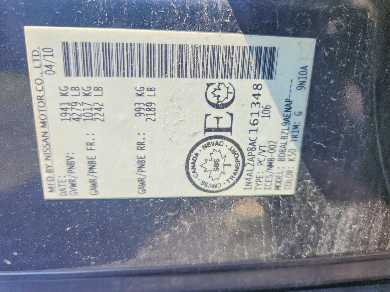 2010 Nissan Altima 2.5 Gray vin: 1N4AL2AP8AC161348
