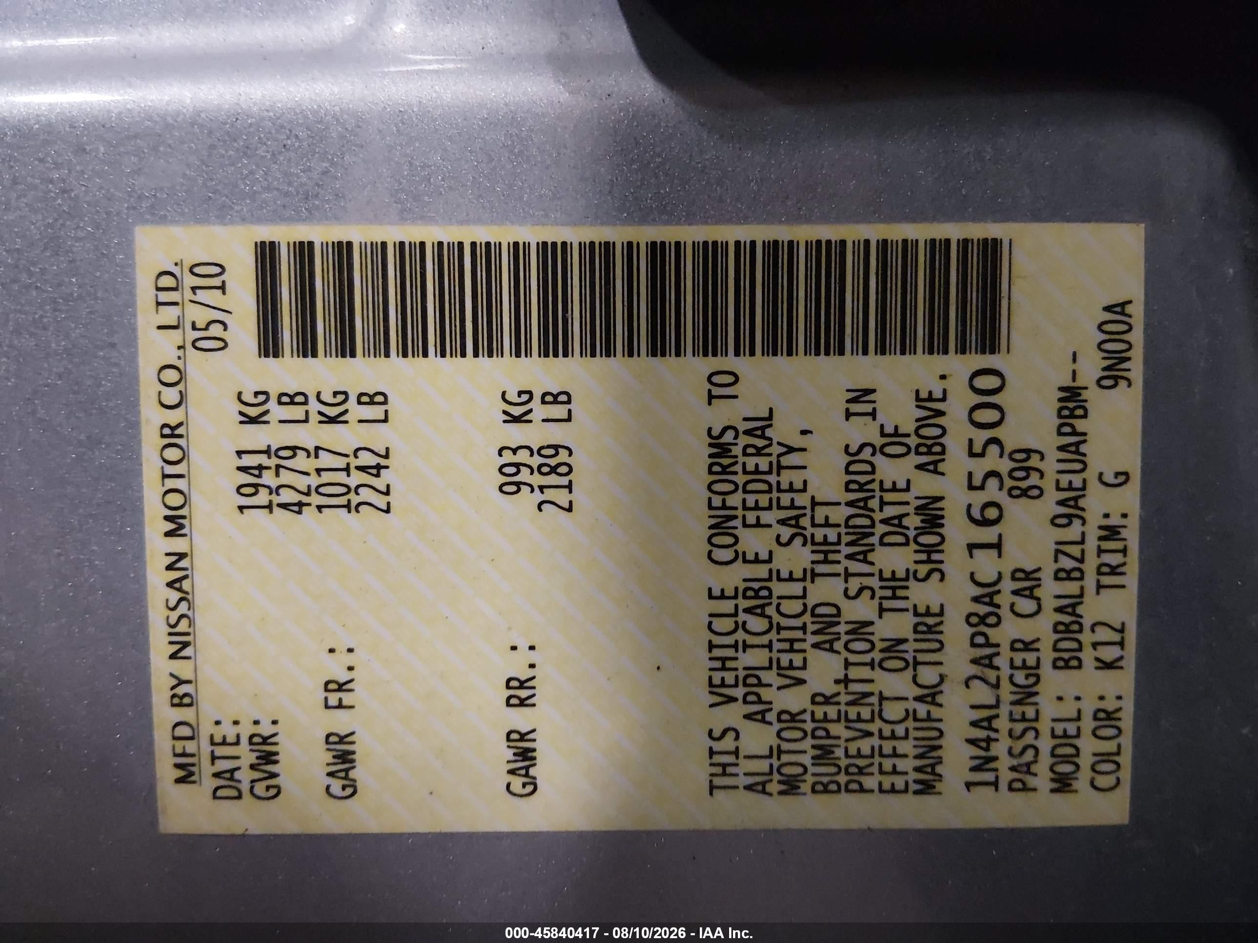 2010 Nissan Altima 2.5 S Silver vin: 1N4AL2AP8AC165500