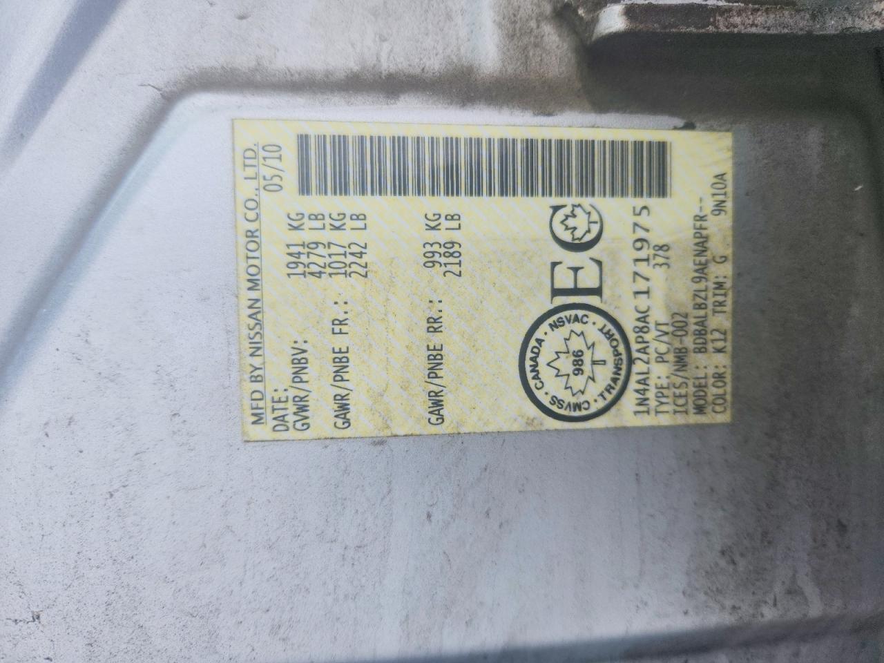 2010 Nissan Altima Серебряный vin: 1N4AL2AP8AC171975